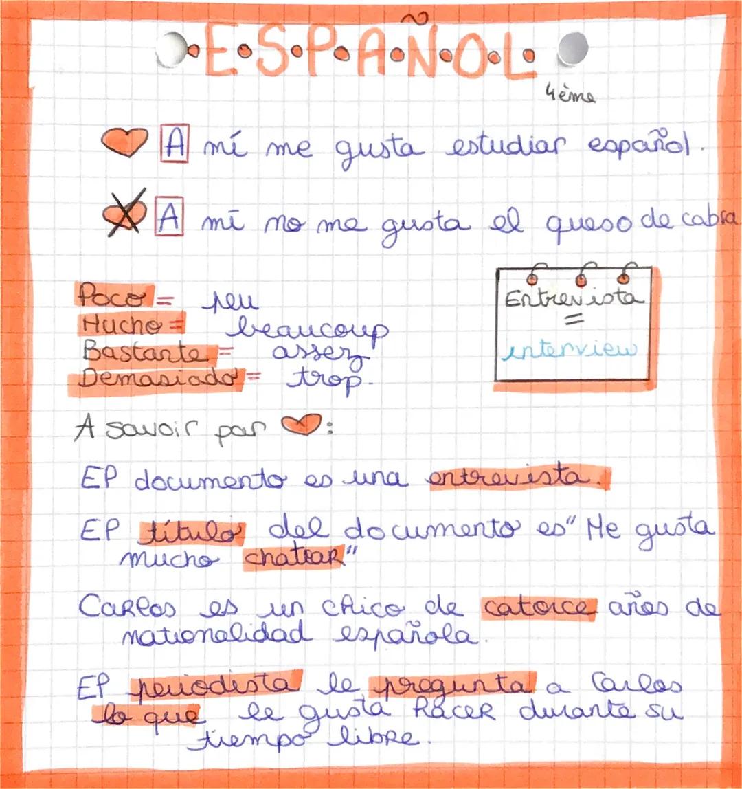 ESPANOL
4ème
A mé me gusta estudiar español.
A mi no me gusta el queso de cabra.
Poco = reu
Hucho = beaucoup
Bastarte = assez
Demasiado