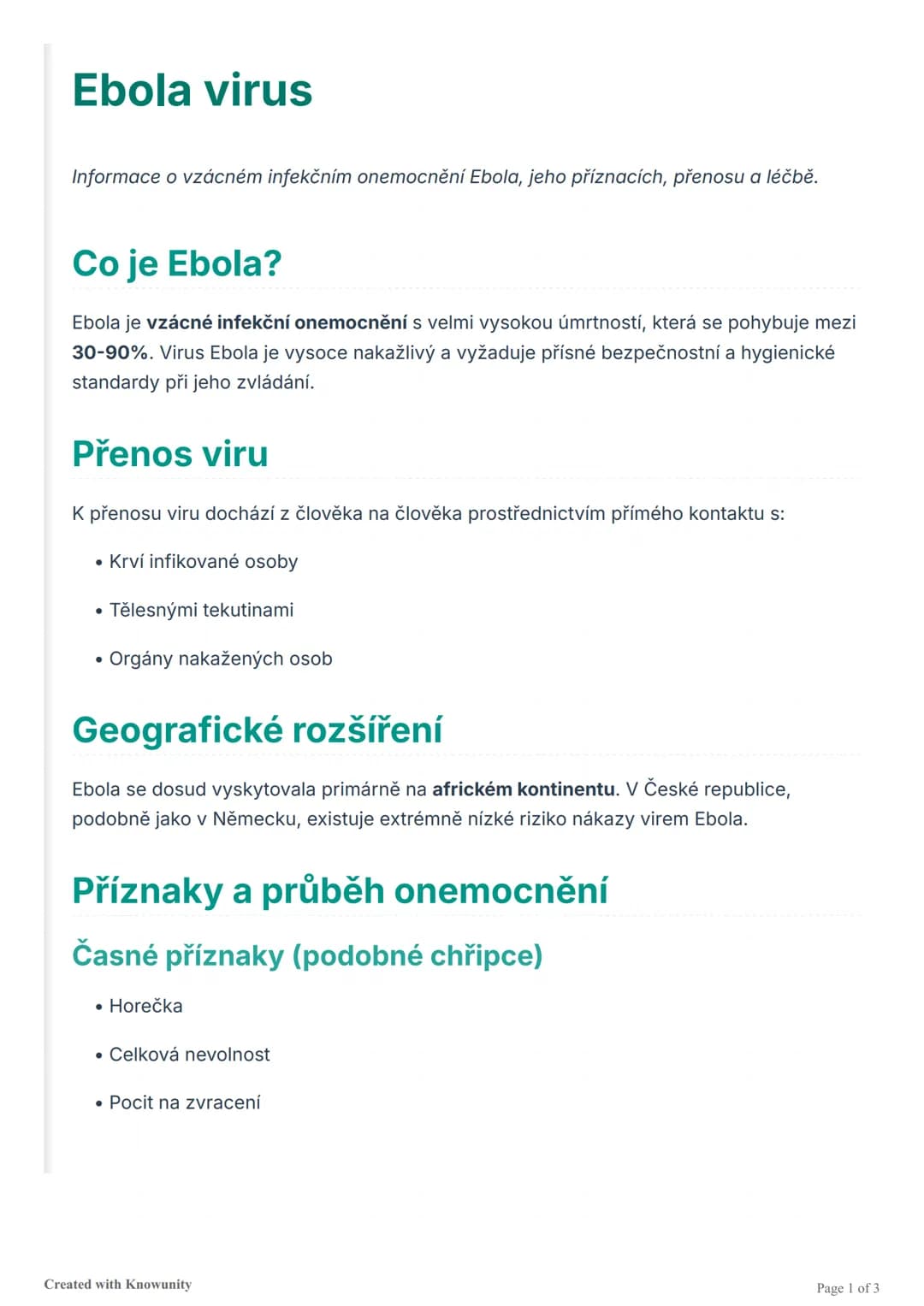 # Ebola virus
Informace o vzácném infekčním onemocnění Ebola, jeho příznacích, přenosu a léčbě.
## Co je Ebola?
Ebola je vzácné infekční