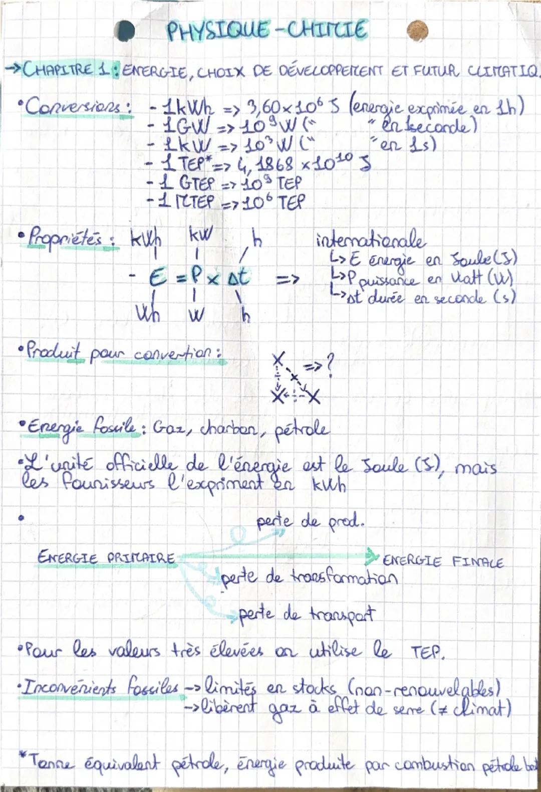 --- OCR Start ---
PHYSIQUE-CHIMIE
>CHAPITRE 1: ENERGIE, CHOIX DE DÉVELOPPEMENT ET FUTUR CLIMATIQ
•Conversions: -1kWh => 3,60x10<sup>6</sup>s