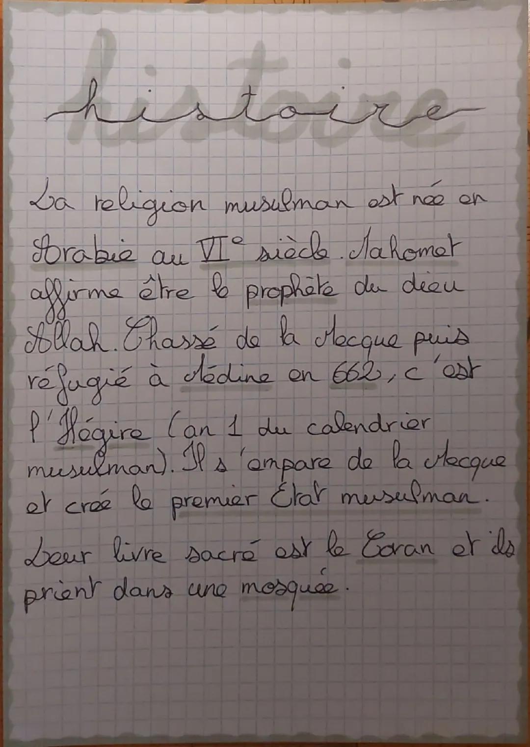 # histoire
La religion musulman est née en
Arabie au VIe siècle. Mahomet
affirme être le prophète du dieu
Allah. Chassé de la Mecque puis
ré