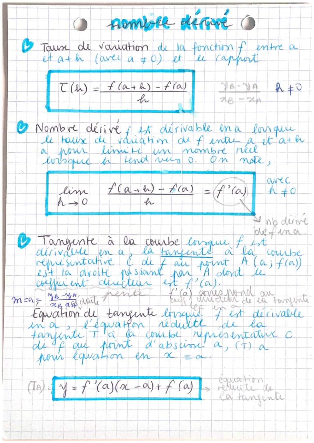 nombre dérivé
& Tause de variation de la fonction of entre a
it ath (avec a + 0) et le rapport
T(h) = f(a+h)-f(a)
h
FA
Nombre dérive & est d