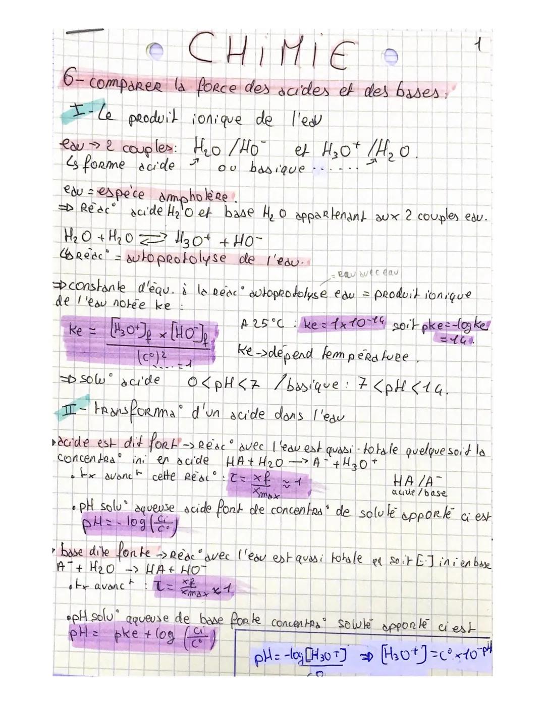 •CHIMIE O
6-comparer la force des acides et des bases.
I-Le produit ionique de l'edu
eau 2 couples: $H_2O/HO^-$
ou basique......
et $H_