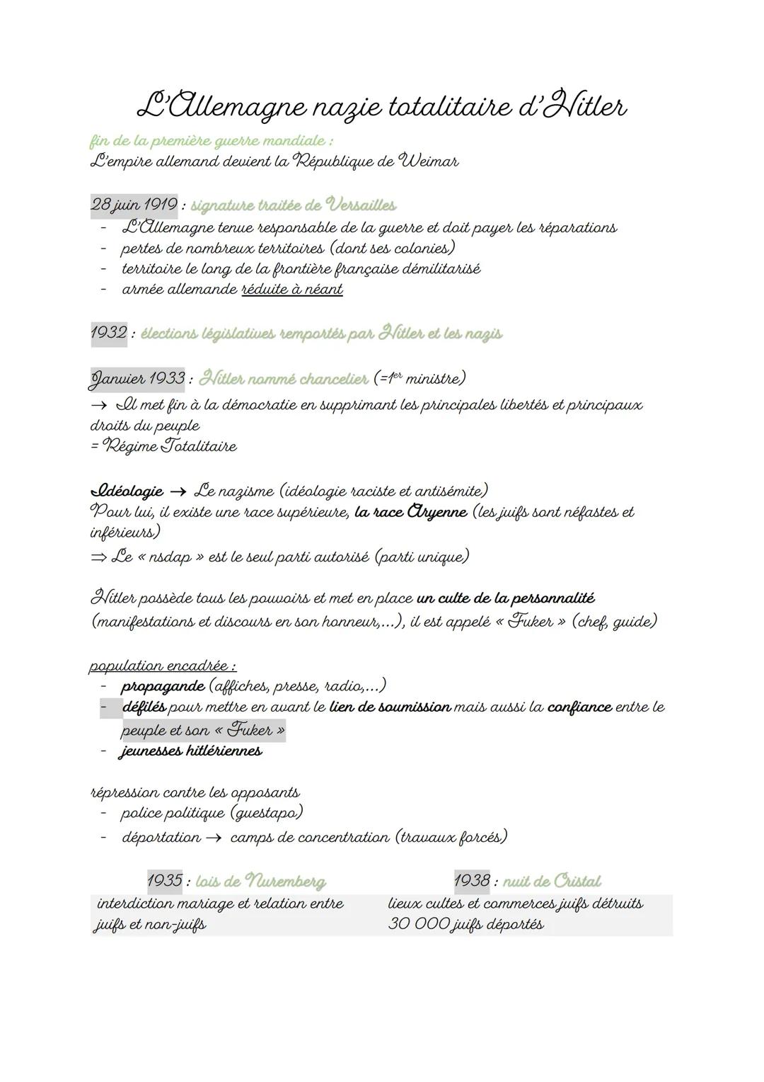 L'Allemagne nazie totalitaire d'Hitler
fin de la première guerre mondiale:
L'empire allemand devient la République de Weimar
28 juin 1919: s