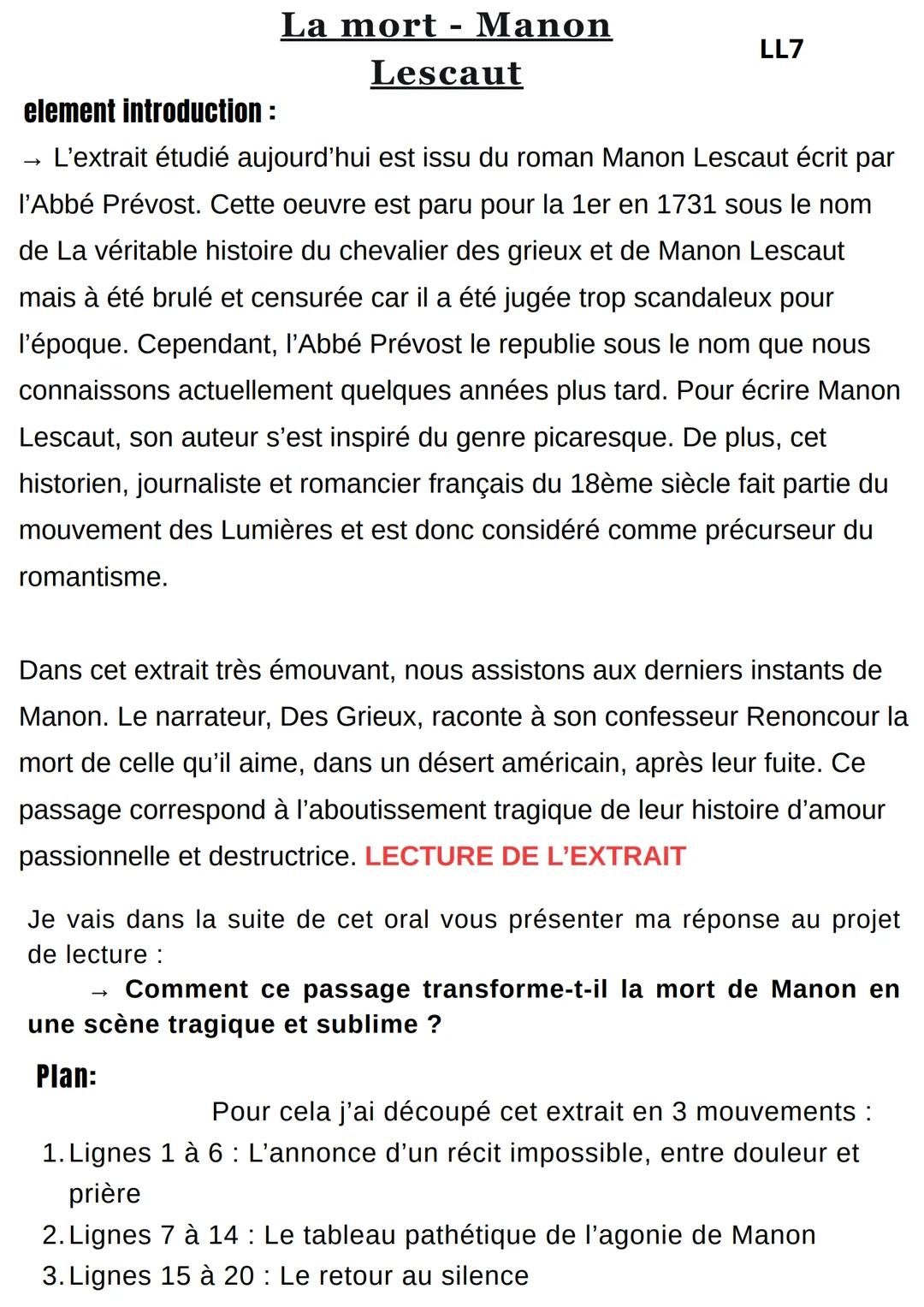 --- OCR Start ---
La mort - Manon
Lescaut
LL7
element introduction:
→ L'extrait étudié aujourd'hui est issu du roman Manon Lescaut écrit par