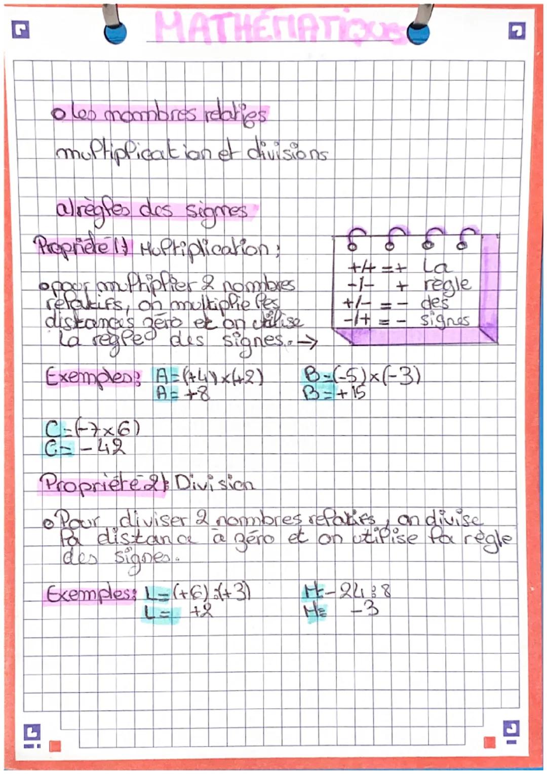 multiplications, divisions nombre relatifs