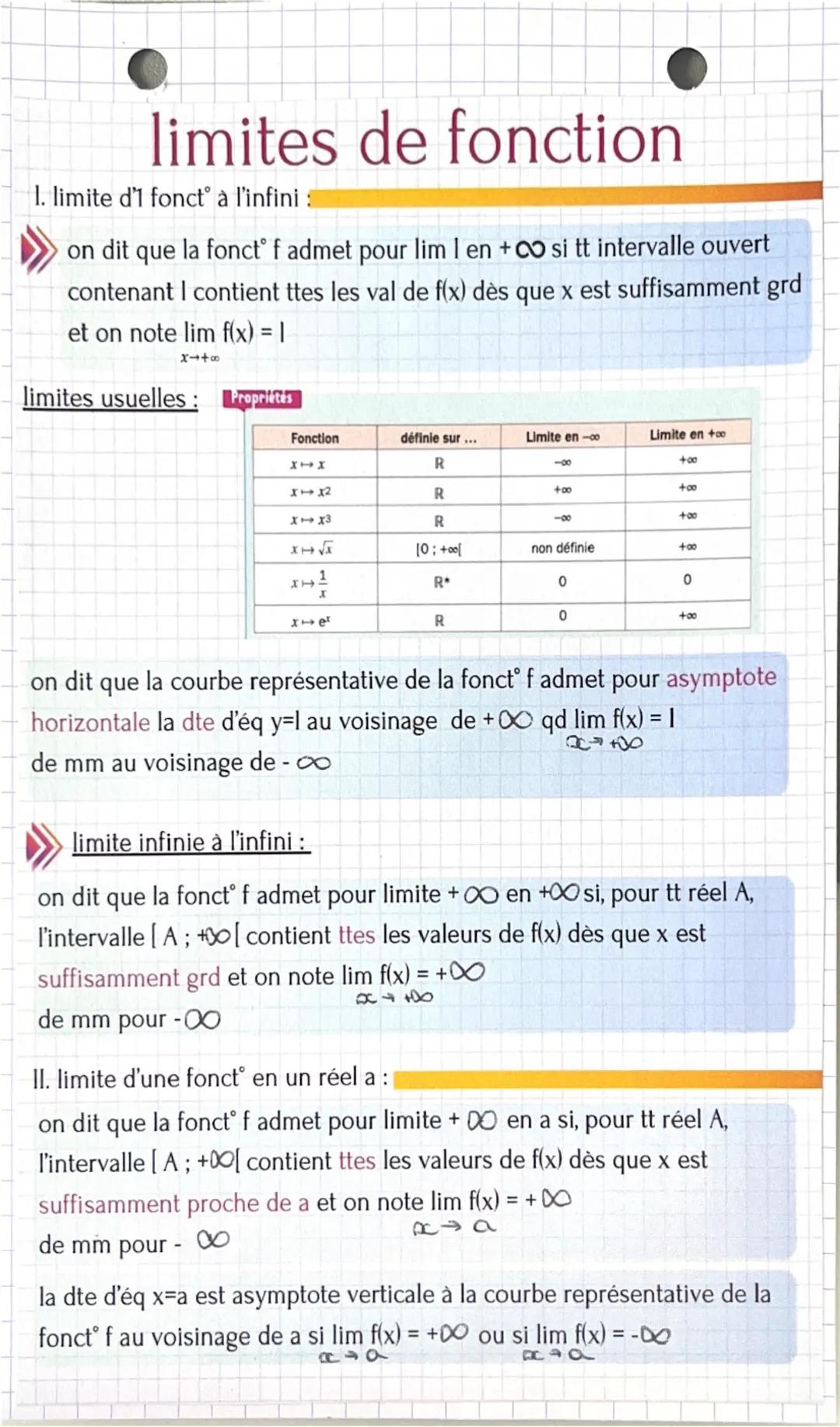 limites de fonction
1. limite d'i fonct à l'infini
on dit que la fonct f admet pour lim I en +0∞ si tt intervalle ouvert
contenant I contien