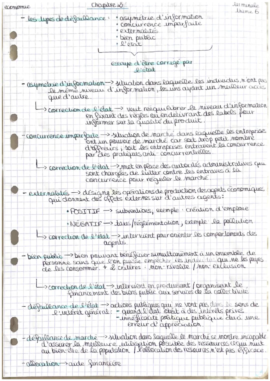 Chapitre
- les types de défaillance: • asymetrie d'information
• concurrence imparfaite.
• externalités
bien public
l'état
economie
essaye d