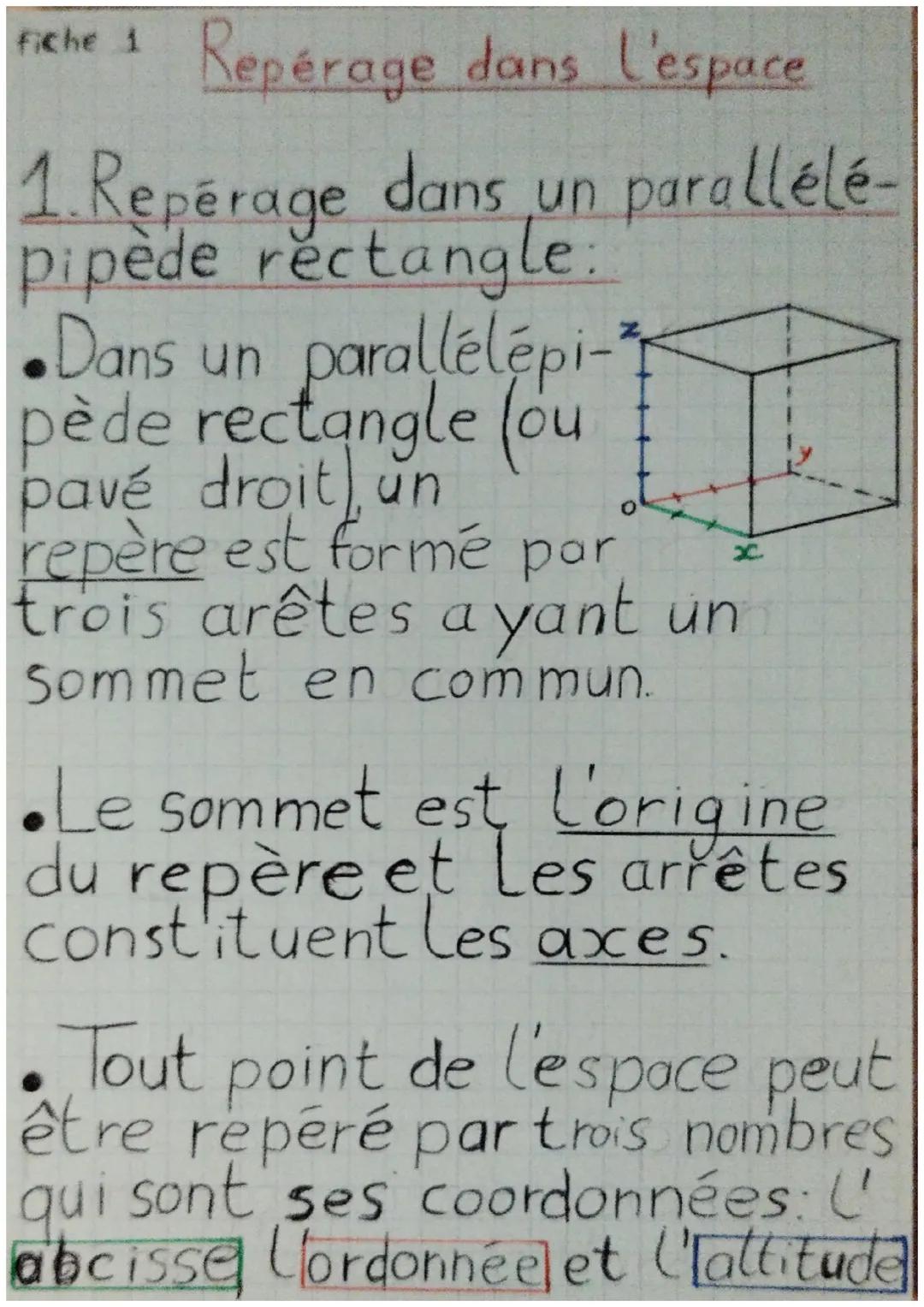 Fiche 1
Repérage dans l'espace
1. Repérage dans un parallélé-
rectangle.
pipède
Dans un parallélépi-3
pède rectangle (ou
pavé droit un
repèr