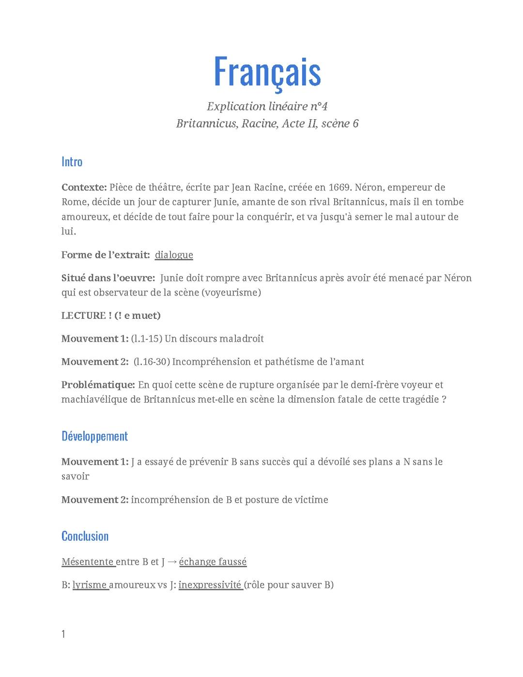 Explication linéaire, Britannicus, Racine, Acte II, scène 6