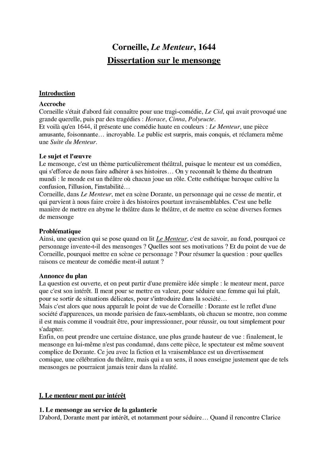 Corneille, Le Menteur, Dissertation sur le mensonge