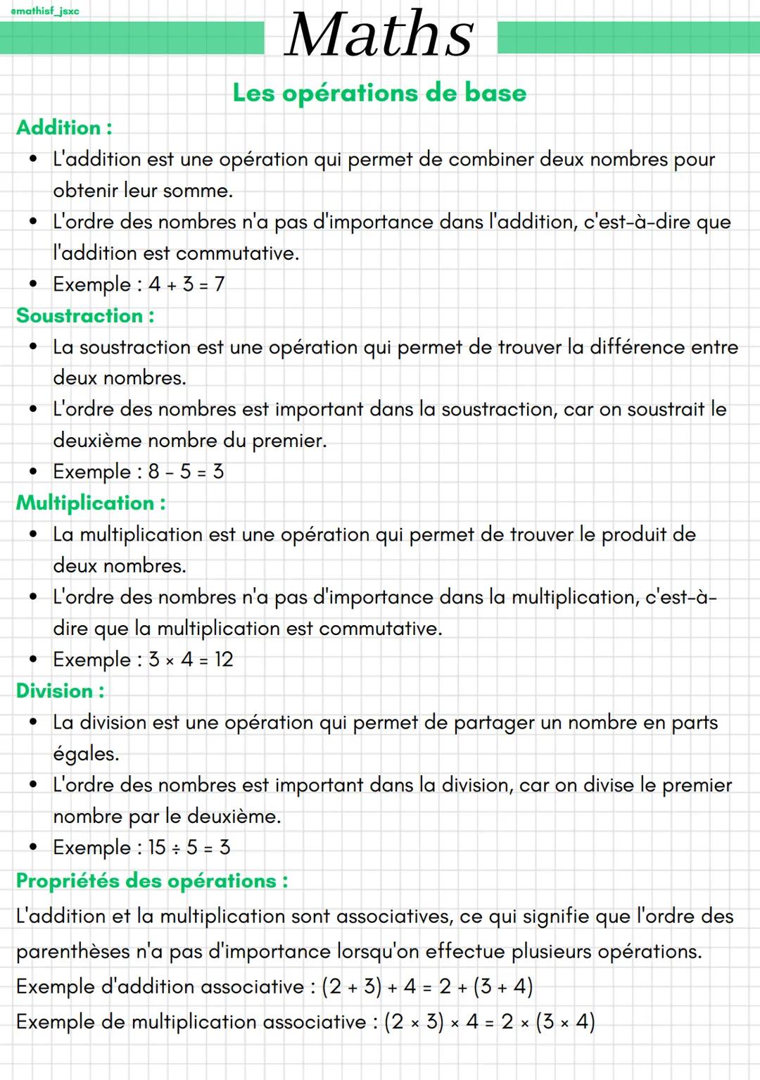 emathisf_jsxc
Addition:
L'addition est une opération qui permet de combiner deux nombres pour
obtenir leur somme.
• L'ordre des nombres n'a