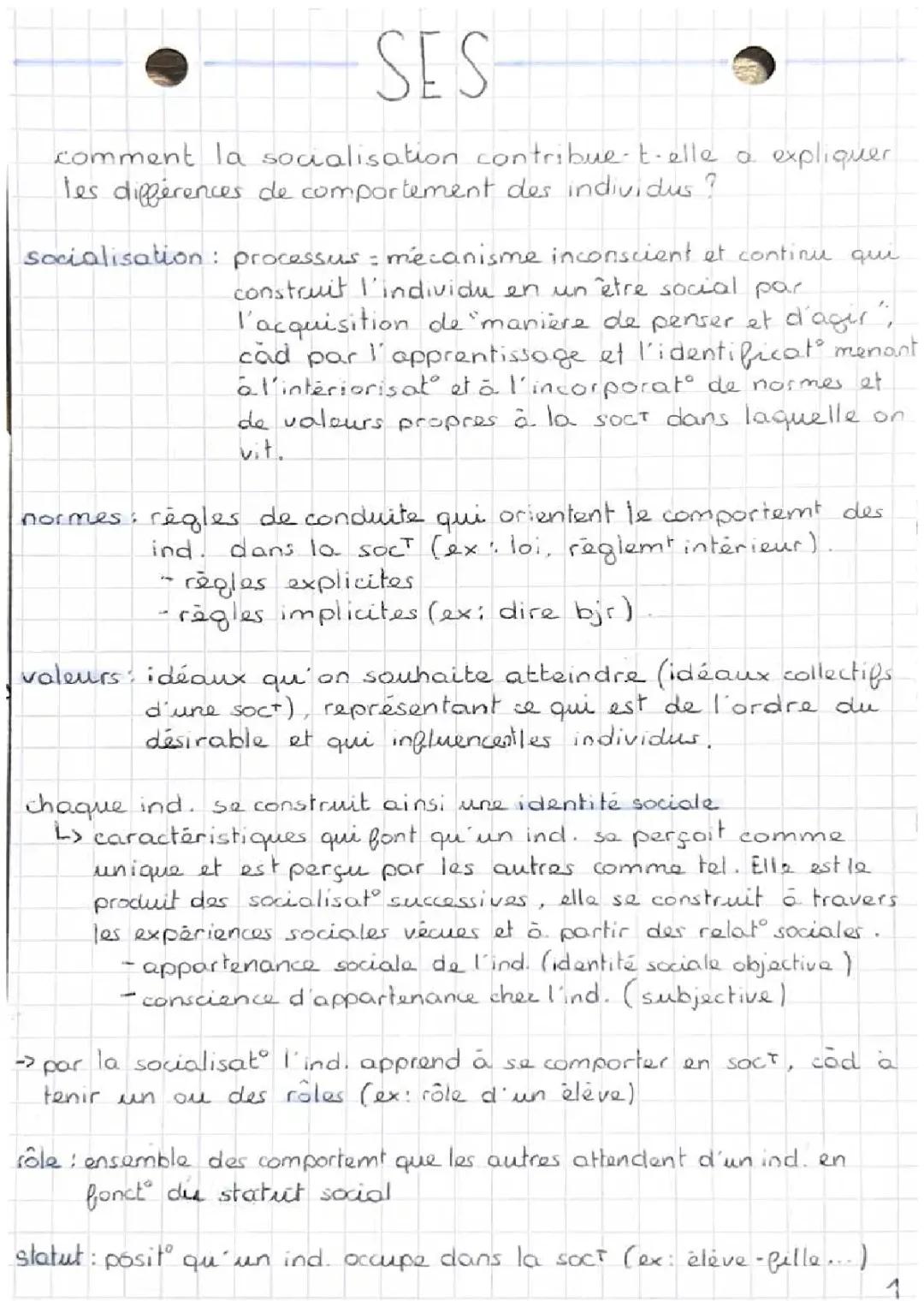 Fiche de révision SES socialisation