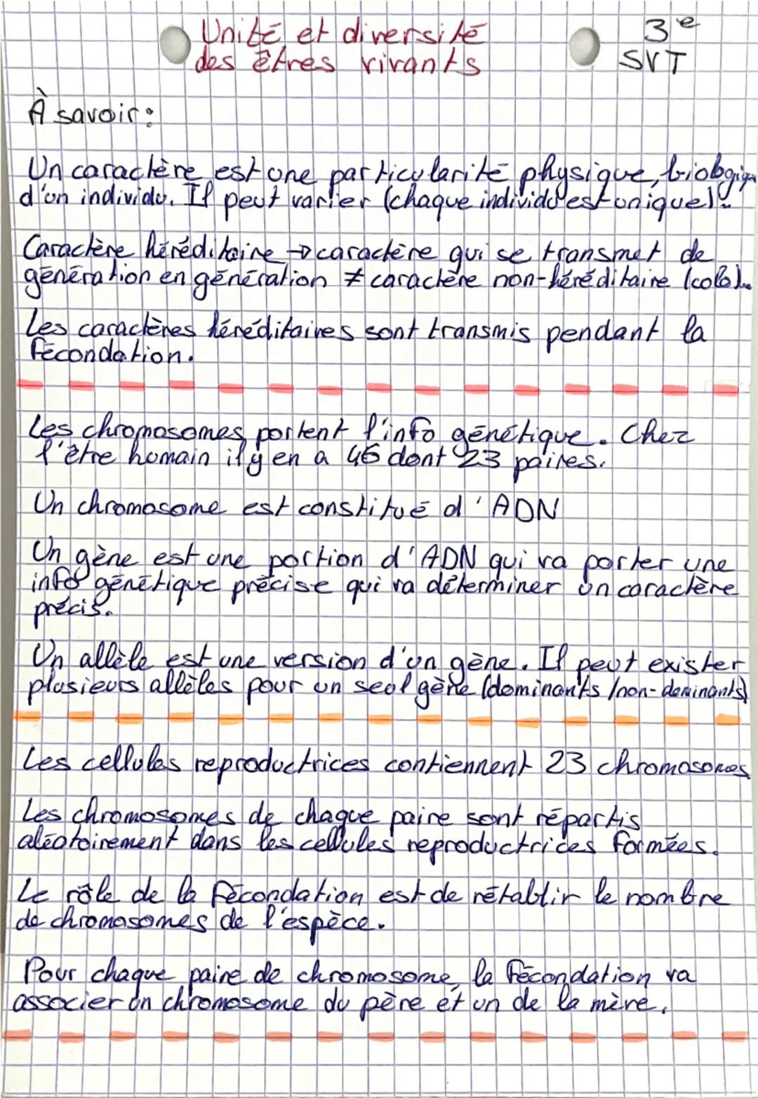 A savoir:
● Unité et diversite
des εAres vivants.
3e
● SVT
Un caractère est une particularité physique, biologig
d'un individu. If peut vari