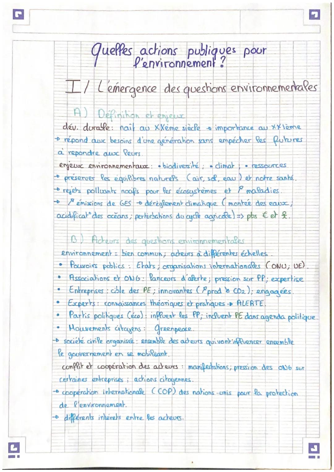 # Quelles Juelles actions publiques pour
l'environnement?
I/ L'émergence des questions environnementales
A) Définition et enjeux
dév. dura