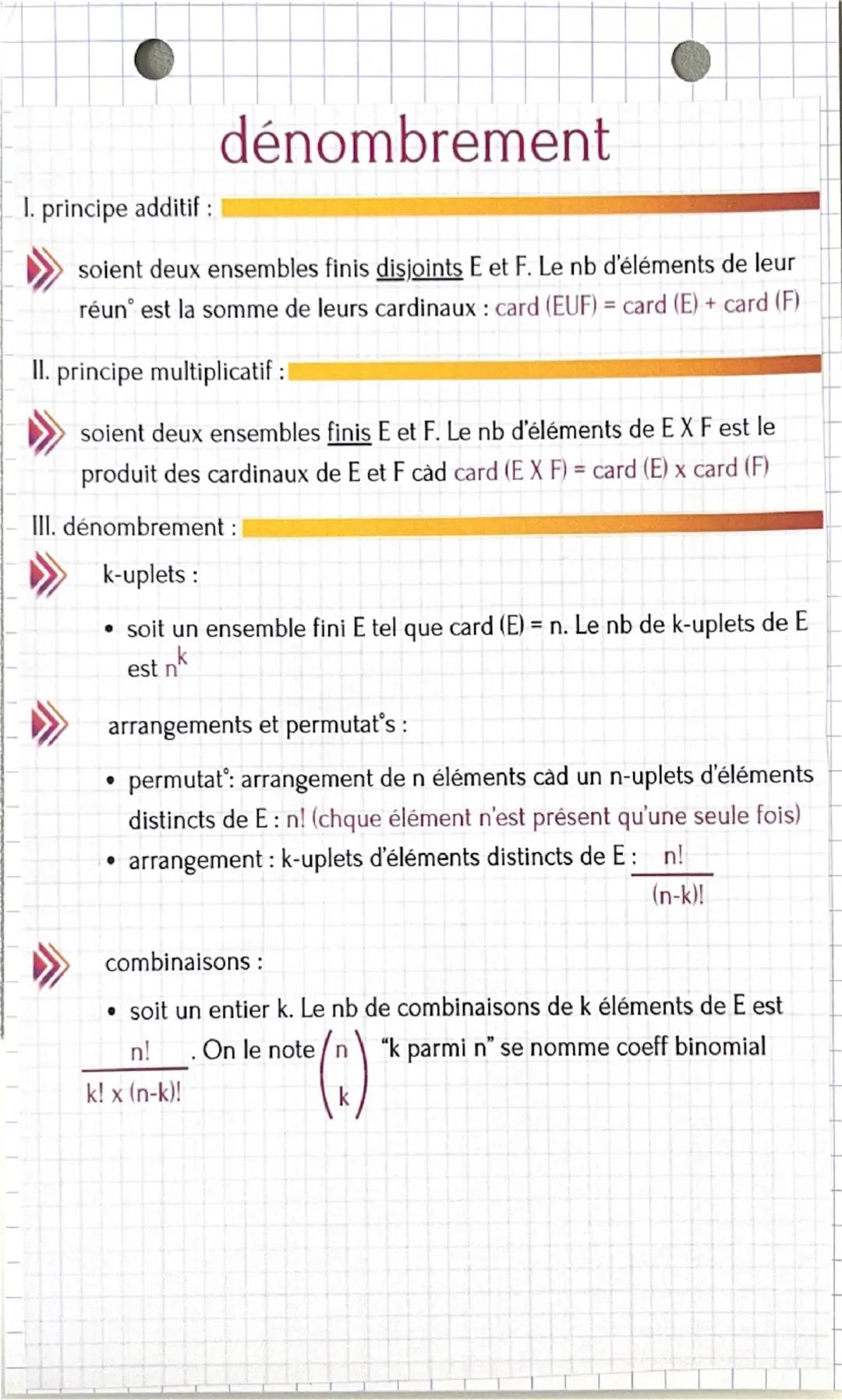 1. principe additif :
dénombrement
soient deux ensembles finis disjoints E et F. Le nb d'éléments de leur
réun' est la somme de leurs cardin
