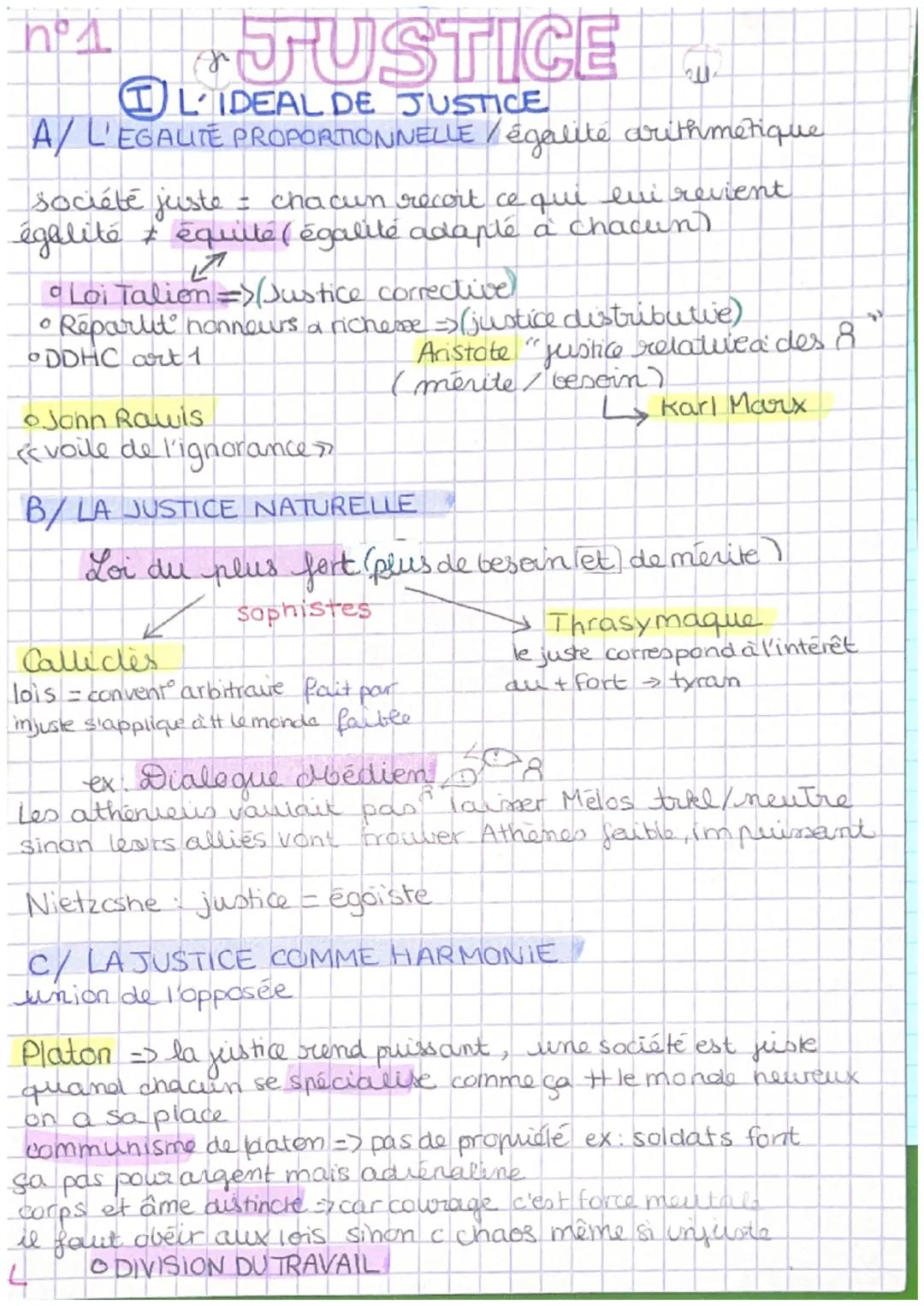 # n°1 JUSTICE
## ① L'IDEAL DE JUSTICE
### A/ L'EGALITE PROPORTIONNELLE / égalite arithmetique.
société juste = chacun recort ce qui lui r
