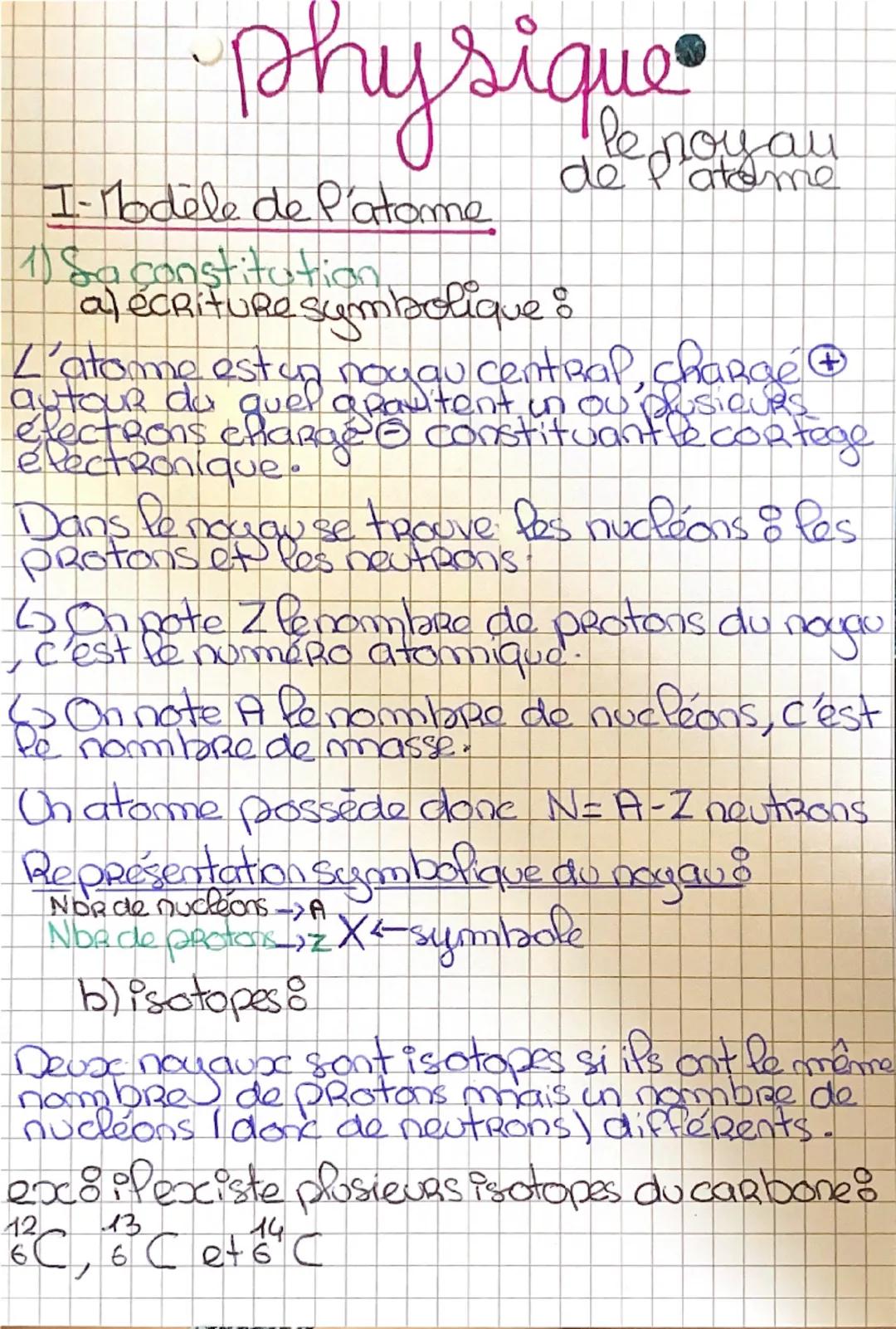 --- OCR Start ---
Physique
I-Modèle de P'atome
1) Sa constitution.
a) écriture symbolique :
L'atome est un noyau central, charge +,
autour d