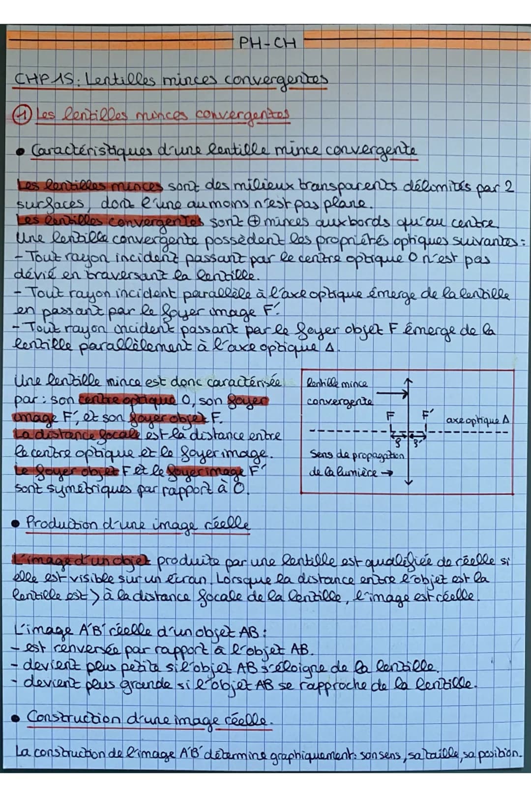 ## PH-CH
### CHP 15: Lentilles minces convergentes
1. Les lentilles minces convergentes
- Caractéristiques d'une lentille mince convergente