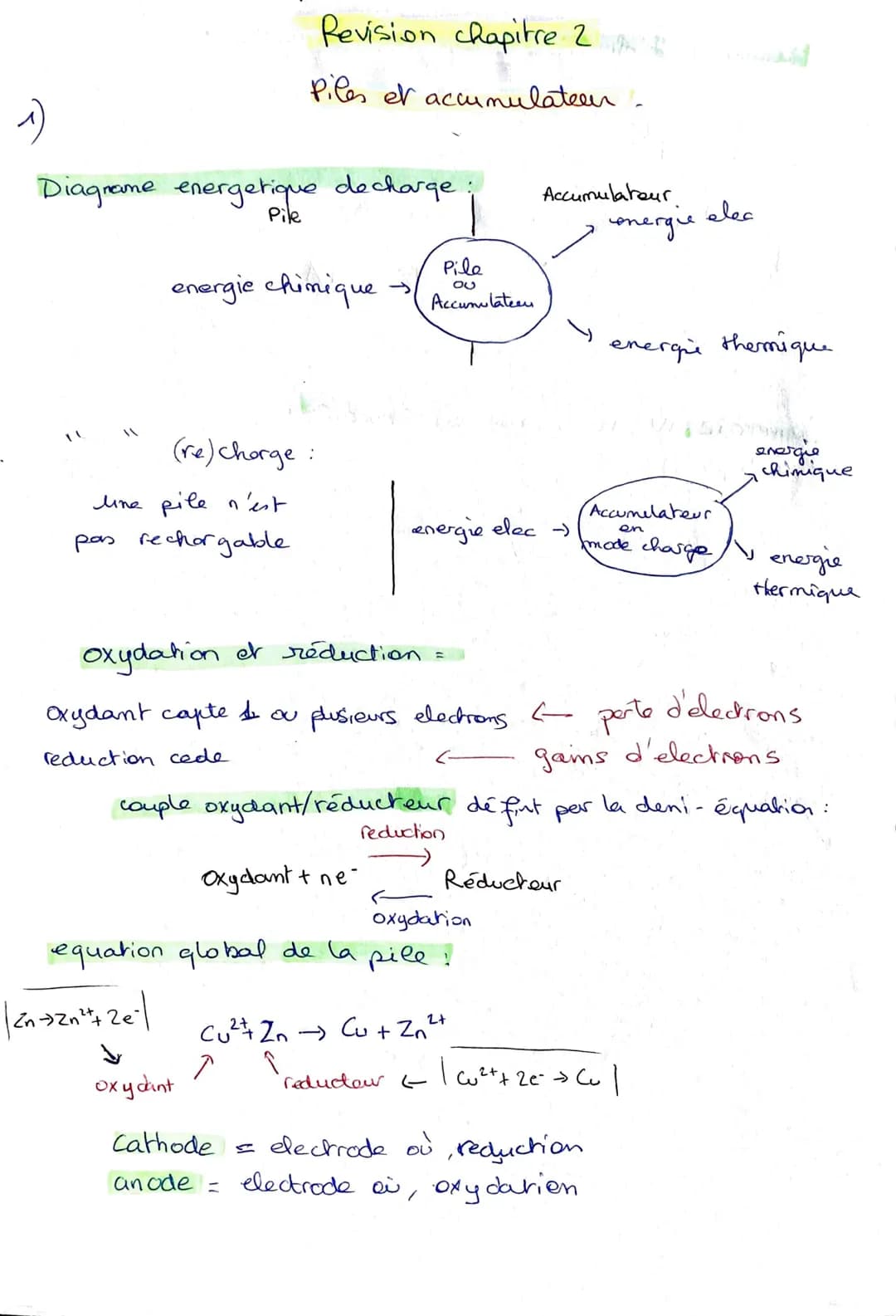 ## Revision chapitre 2
## Piles et accumulateur :
1)
### Diagrame energetique decharge :
Pile
energie chimique → Pile ou Accumulateur
Accumu
