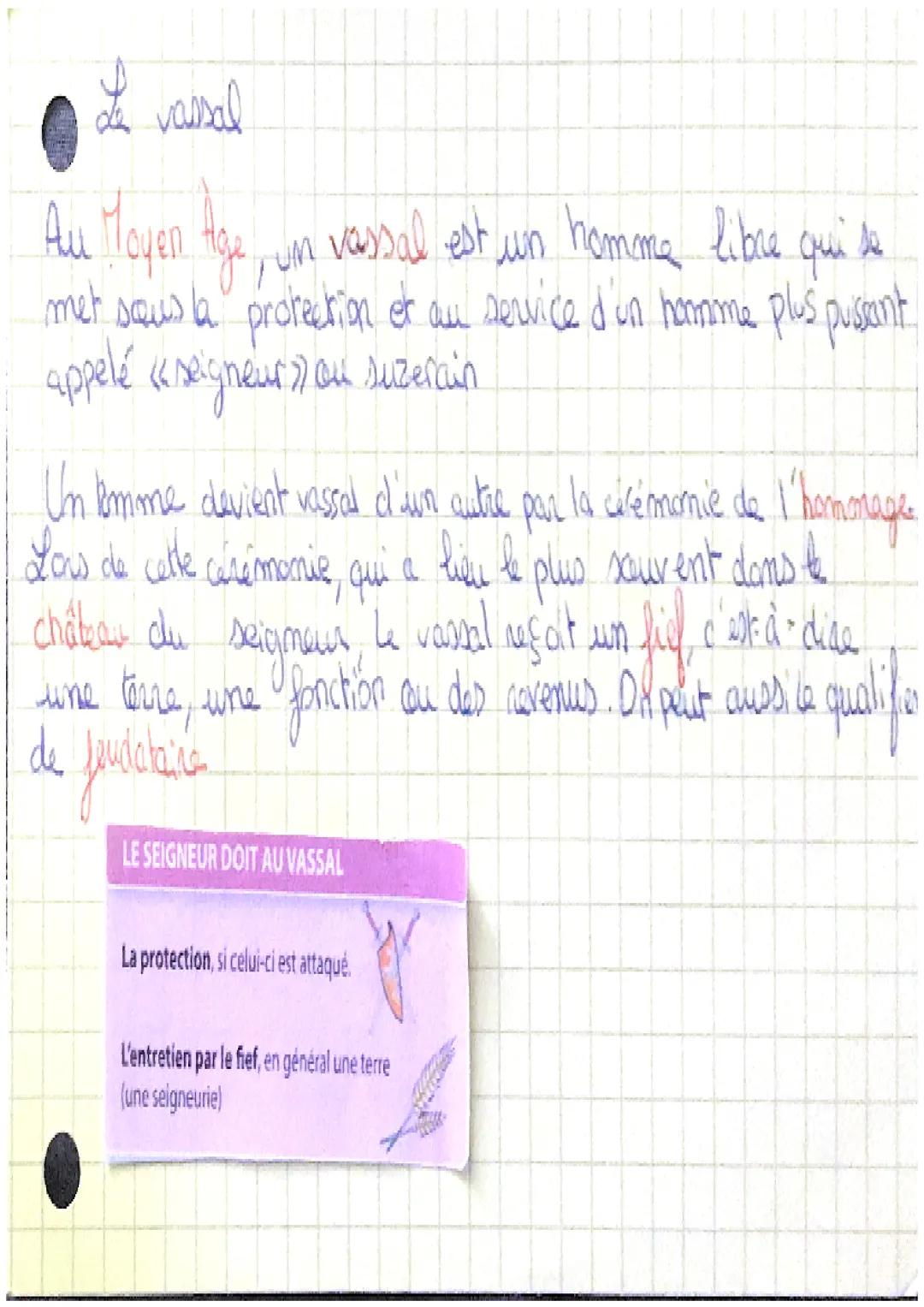 - Le vassal
Au Moyen Age, un vassal est un homme libre qui se
met sous la protection et au service d'un homme plus puissant
appelé «seigneu