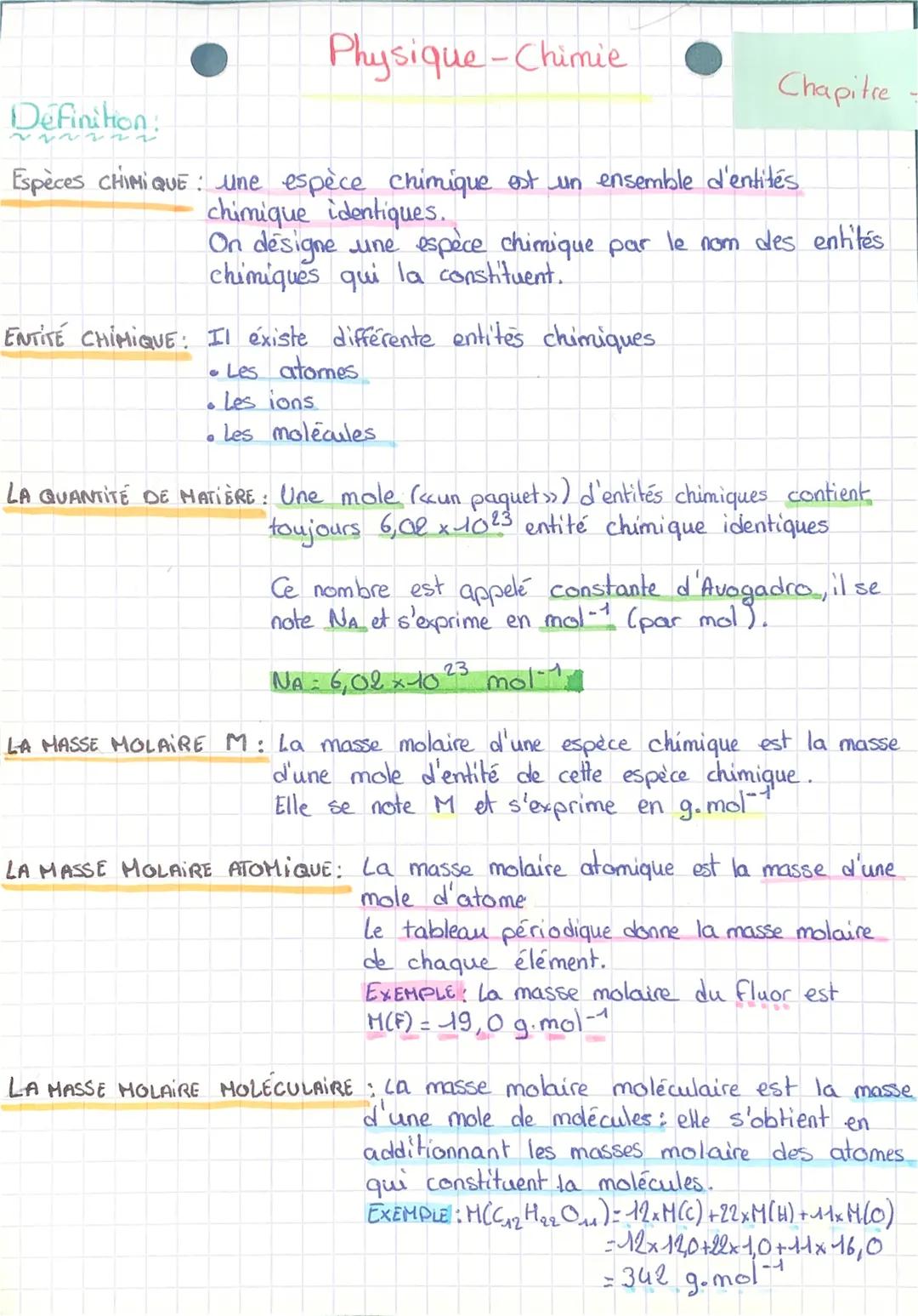 Physique - Chimie
Définition:
Espèces CHIMIQUE: une espèce chimique est un ensemble d'entités
chimique identiques.
On désigne une espèce chi