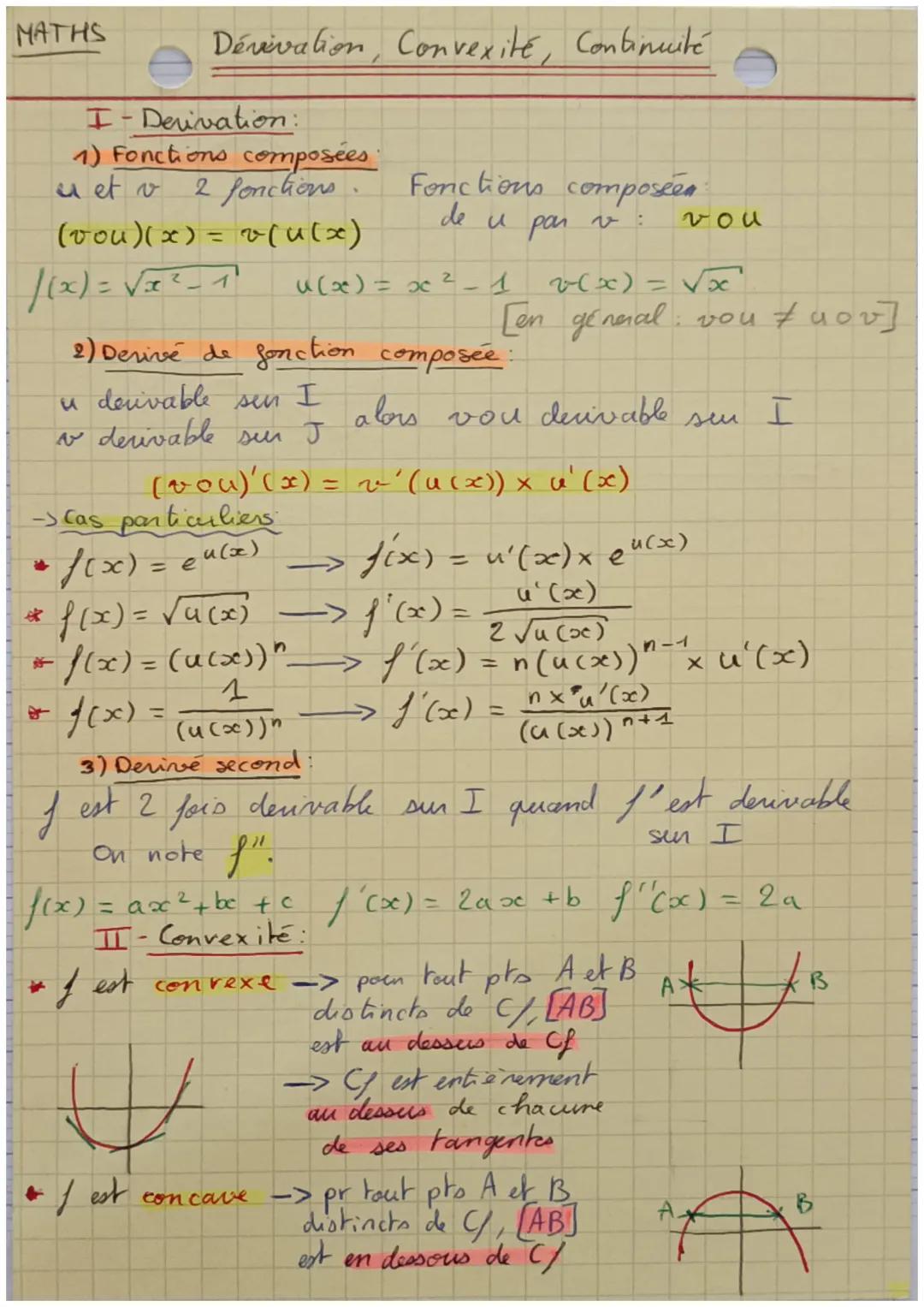MATHS
Dérivation, Convexité, Continuité
I-Derivation:
1) Fonctions composées
u et v 2 fonctions. Fonctions composéen
(vou)(x) = v(u(x) de u