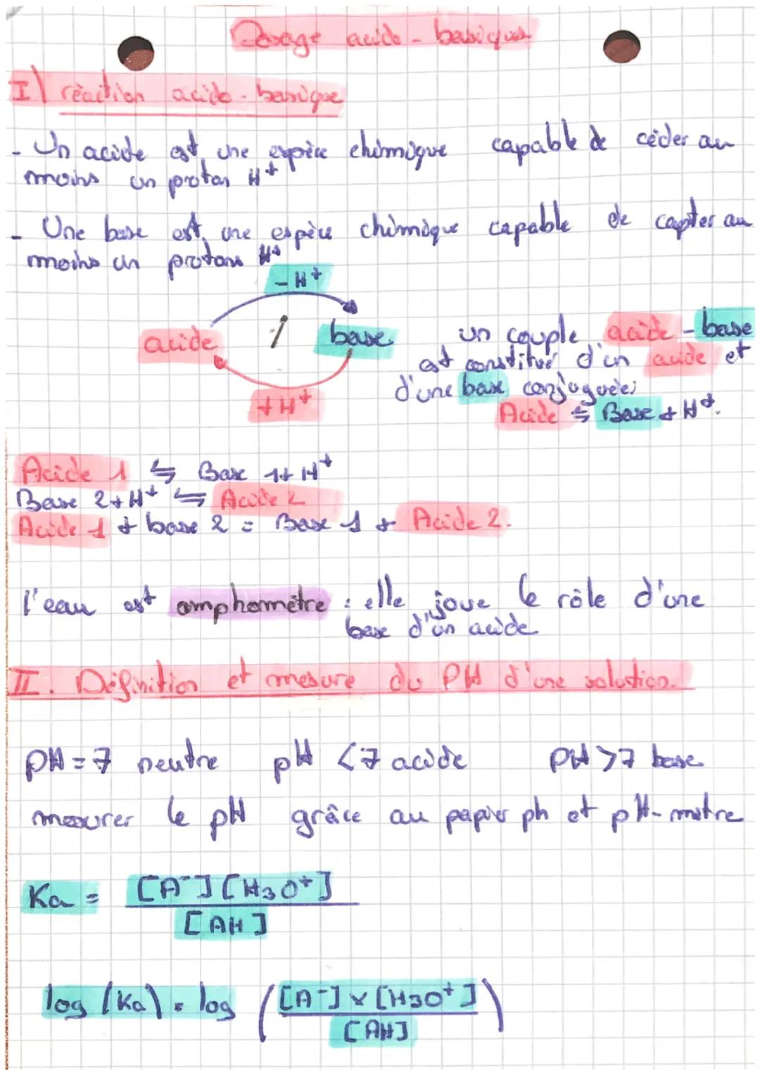Dosage ando beusi y
I reaction acide- benique
- Un acide est une expèce chimique capable de ceder an
un proton ist
moins
Une base est une es