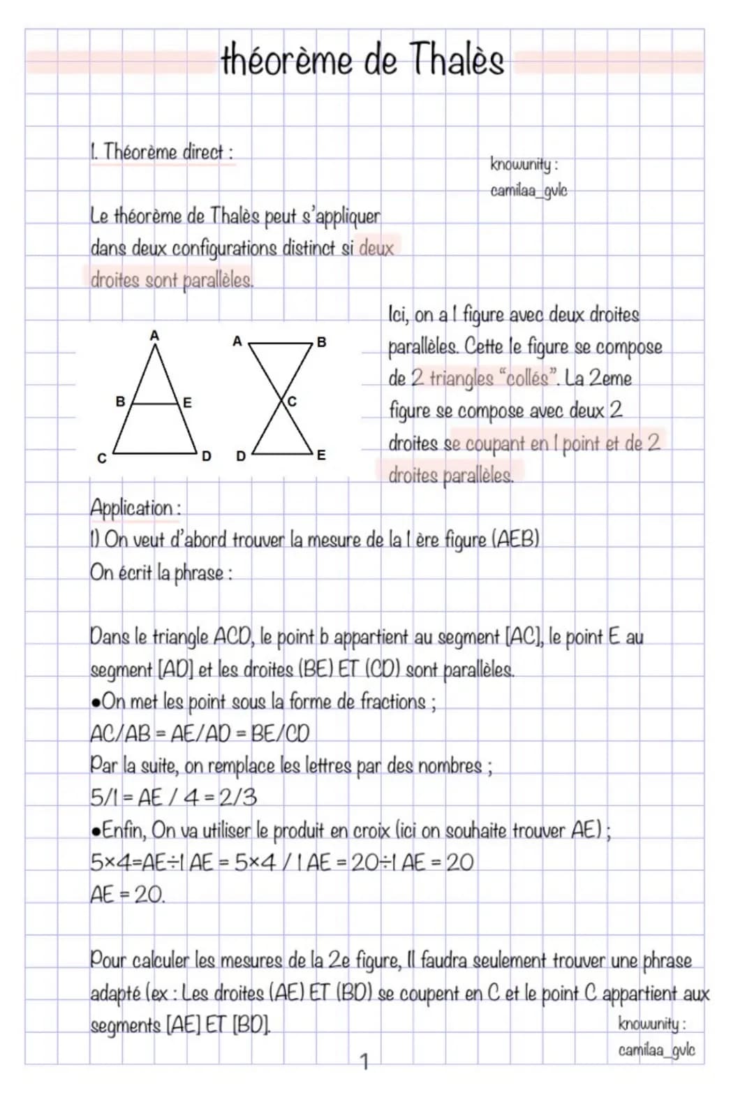 # théorème de Thales camilaa_gule
Par la suite, on remplace les lettres par des nombres ;
$5/1=AE/4=2/3$
Enfin, On va utiliser le produit e
