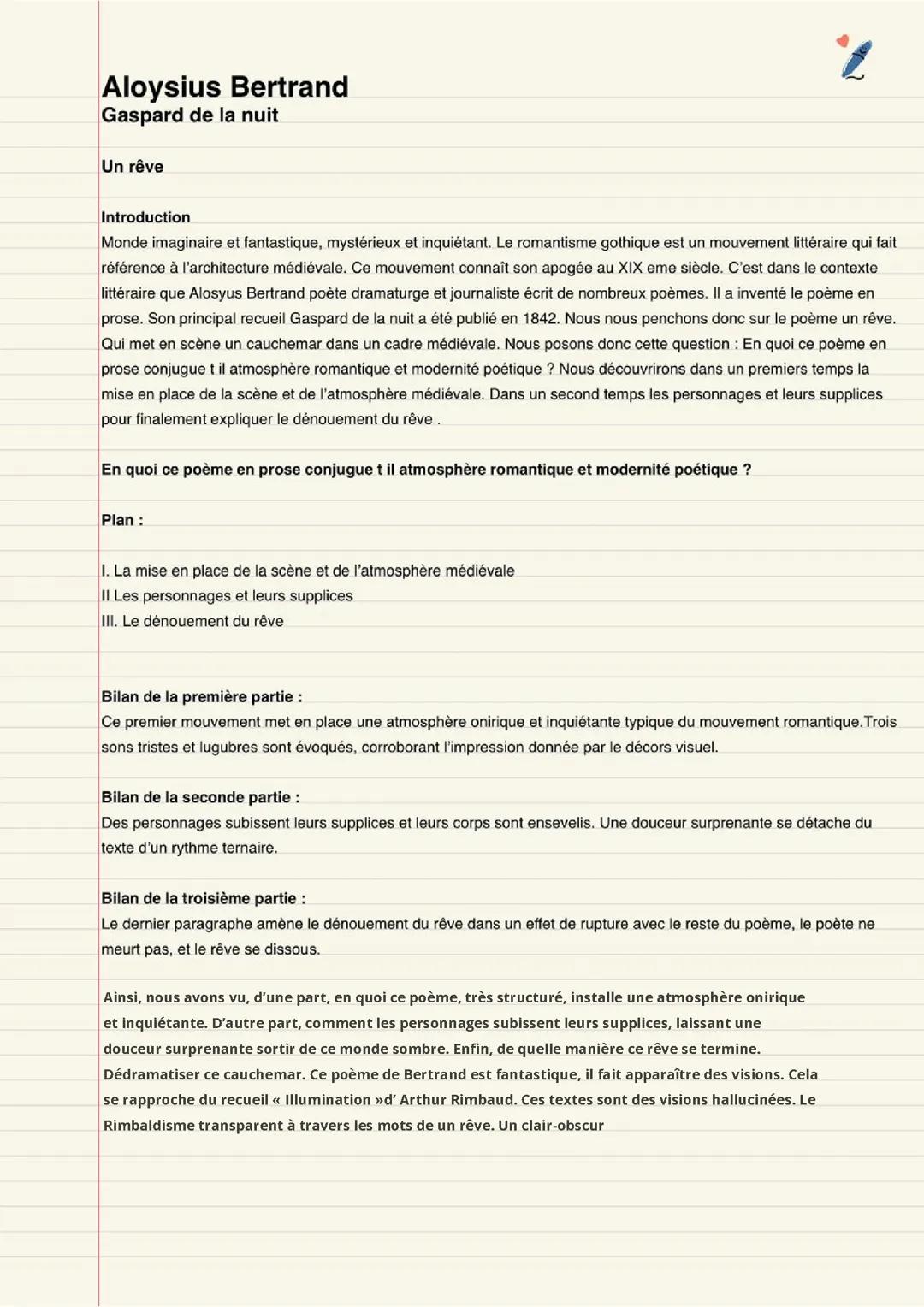 Analyse linéaire: Un rêve , Aloysius Bertrand