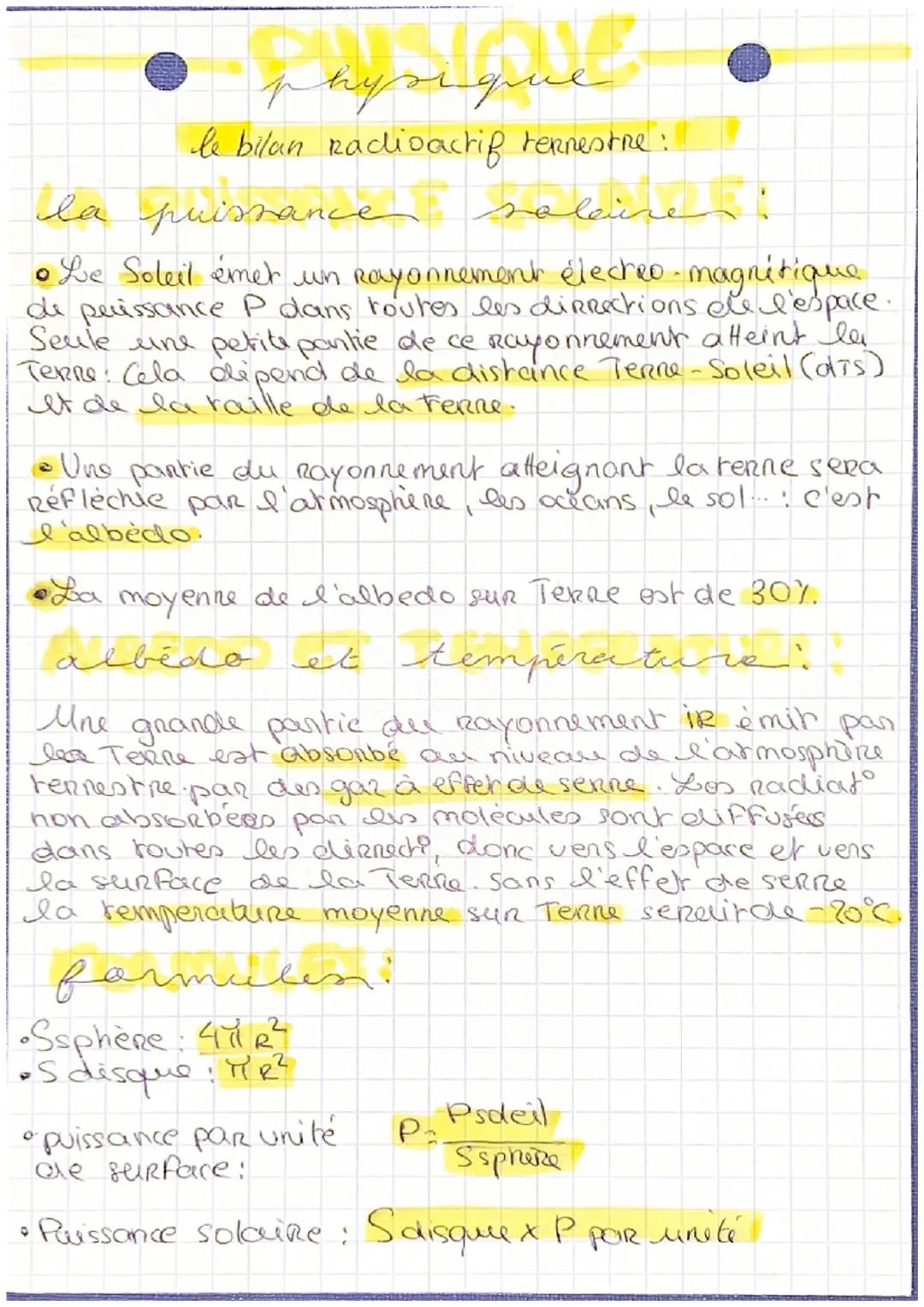 # physique
le bilan radioactif terrestre:
la puissance salaire
• Le Soleil émet un Rayonnement élecheo-magnétique.
de peissance P dans to