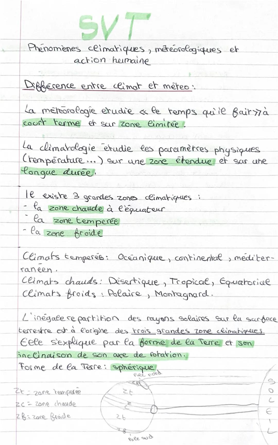 SVT
Phénomènes climatiques, météorologiques et
action humaine
Difference entre climat et méteo:
La meteorologie erudie « le temps qu'il fair