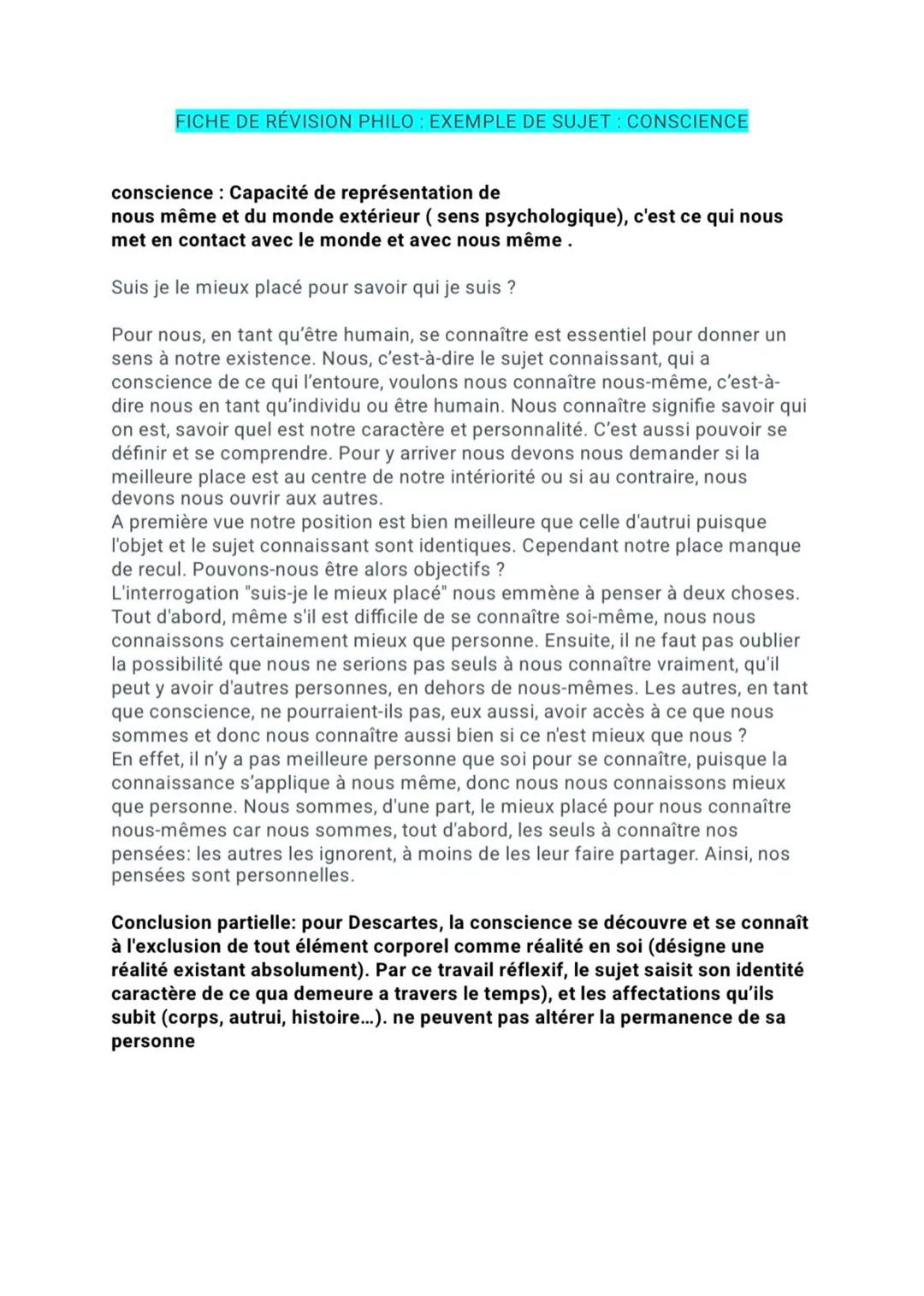 FICHE DE RÉVISION PHILO: EXEMPLE DE SUJET: CONSCIENCE
conscience : Capacité de représentation de
nous même et du monde extérieur (sens psych