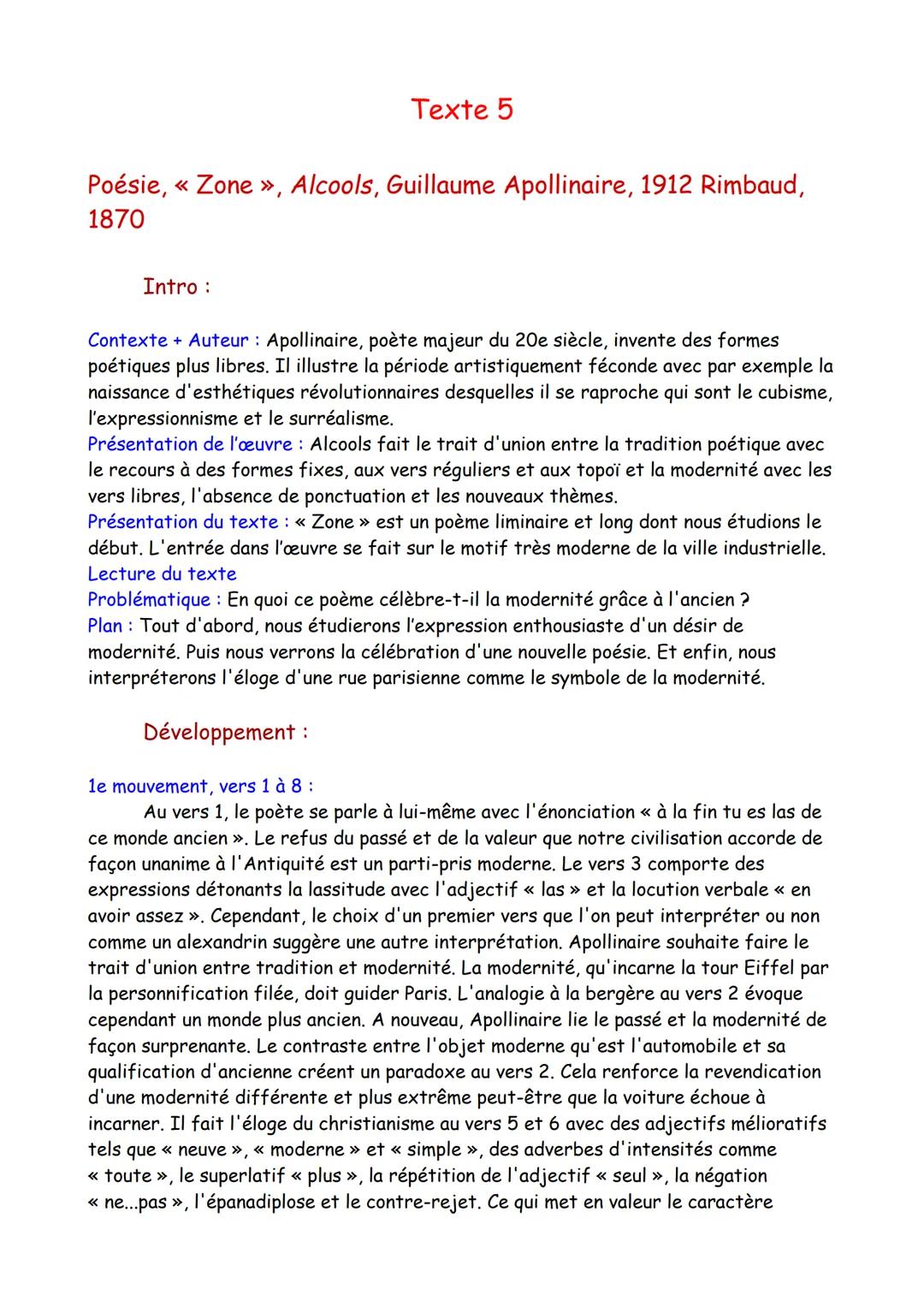Texte 5
Poésie, << Zone », Alcools, Guillaume Apollinaire, 1912 Rimbaud,
1870
Intro:
Contexte + Auteur: Apollinaire, poète majeur du 20e