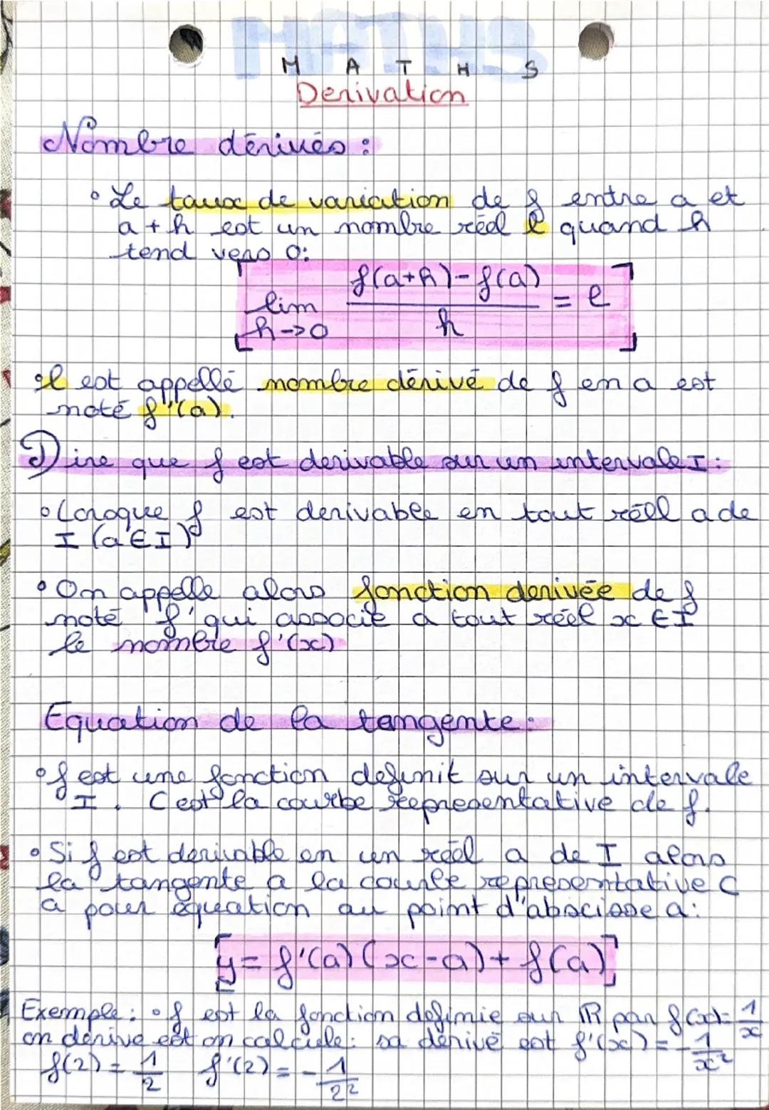 # MATHS
## Derivation
Nombre dérivés :
H
S
a et
• Le taux de variation de $f$ entre $a$
$a+h$ est un nombre red $l$ quand $h$
tend vess 0: