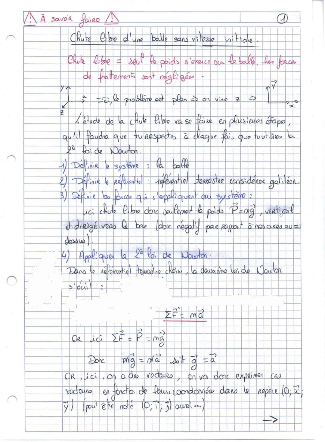 2
$\vec{g}$ est vertical vers le bas donc ses coordonnées
sont:
$\begin{cases} g_x = 0 \\ g_y = -g \end{cases}$
Donc, comme $\vec{a} = \vec{