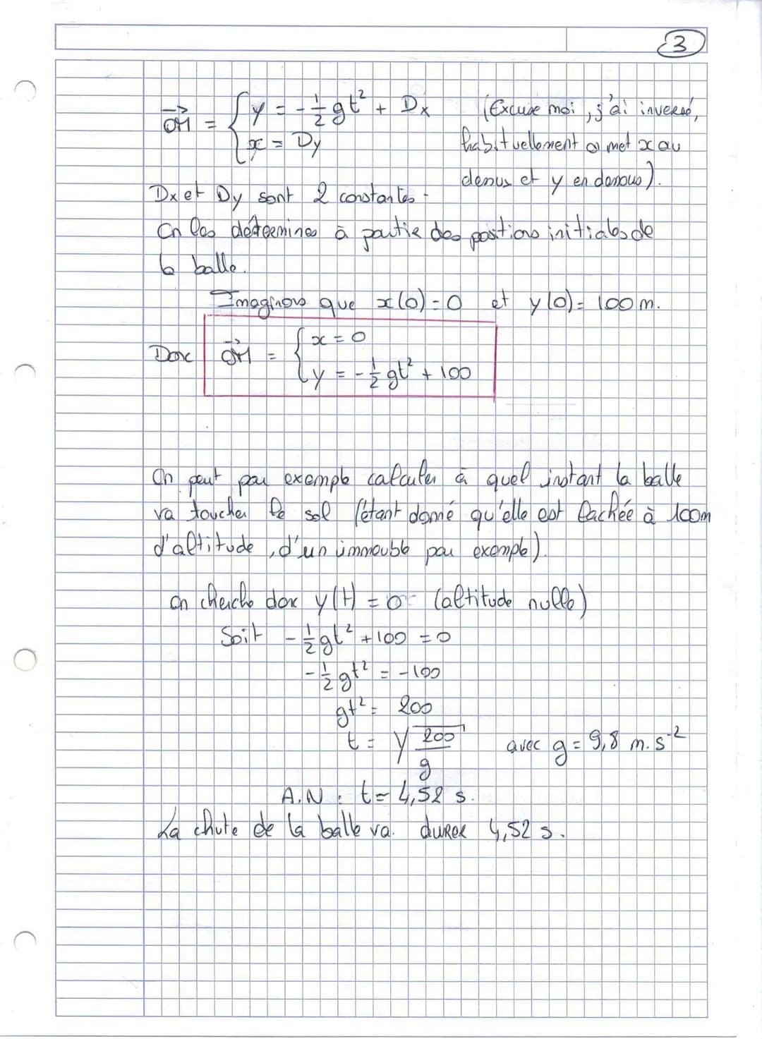 2
$\vec{g}$ est vertical vers le bas donc ses coordonnées
sont:
$\begin{cases} g_x = 0 \\ g_y = -g \end{cases}$
Donc, comme $\vec{a} = \vec{