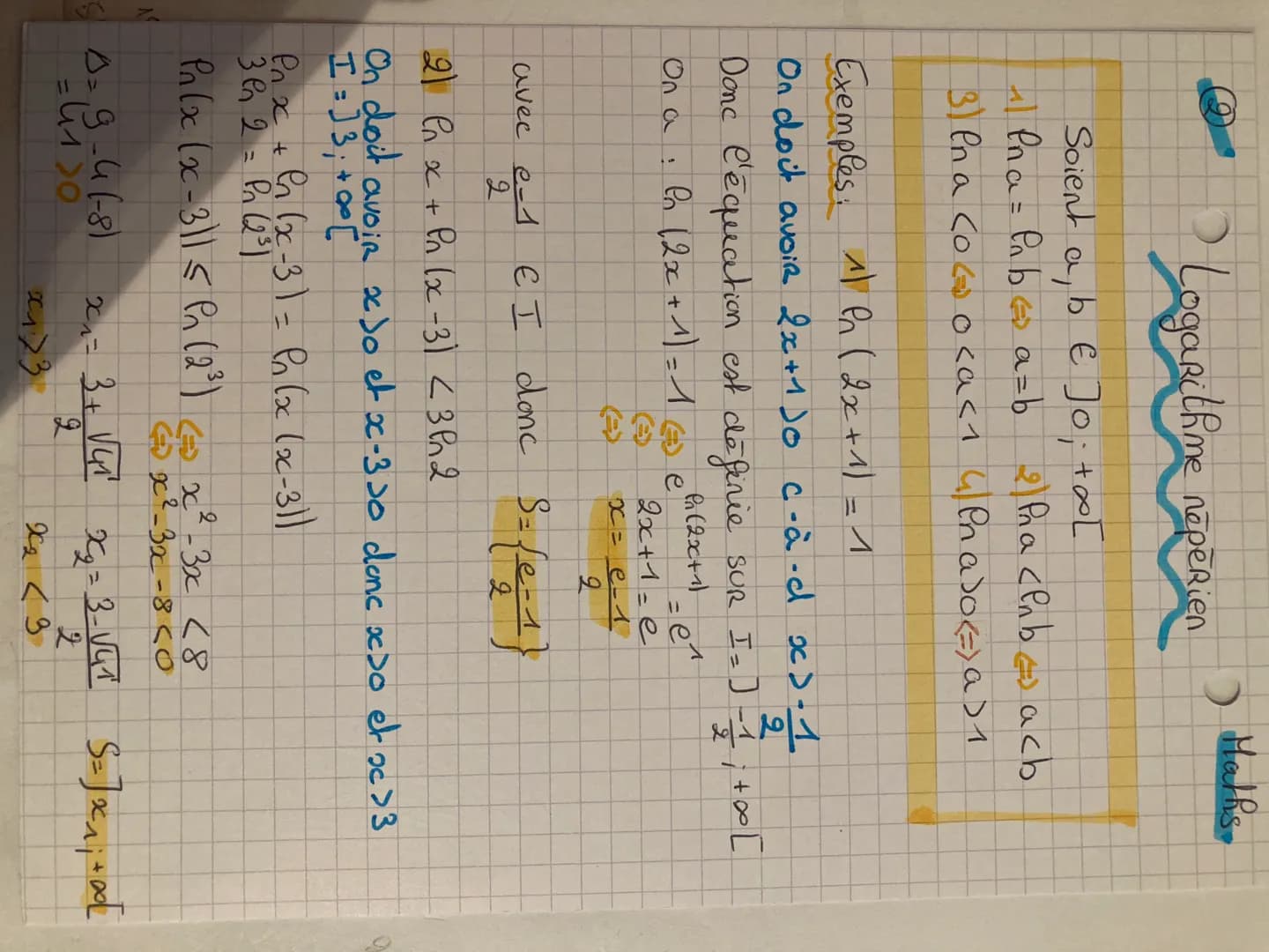 * Relations fonctionnelles.
Relations à connaître :
1) $ln (xy) = ln x + ln y$
2) $ln (\frac{1}{y}) = -ln y$
3) $ln (\sqrt{x}) = \frac{1}{2}