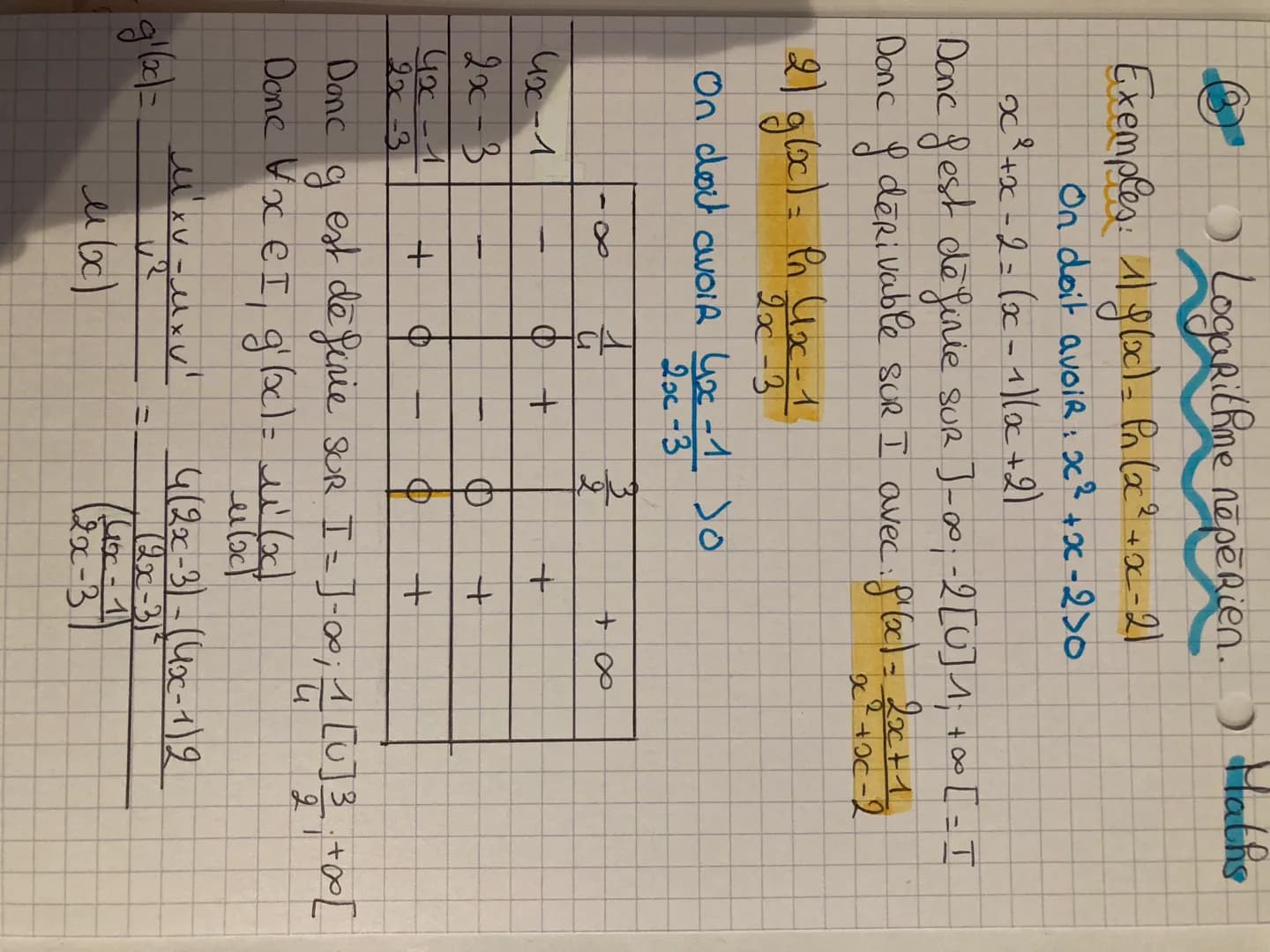* Relations fonctionnelles.
Relations à connaître :
1) $ln (xy) = ln x + ln y$
2) $ln (\frac{1}{y}) = -ln y$
3) $ln (\sqrt{x}) = \frac{1}{2}