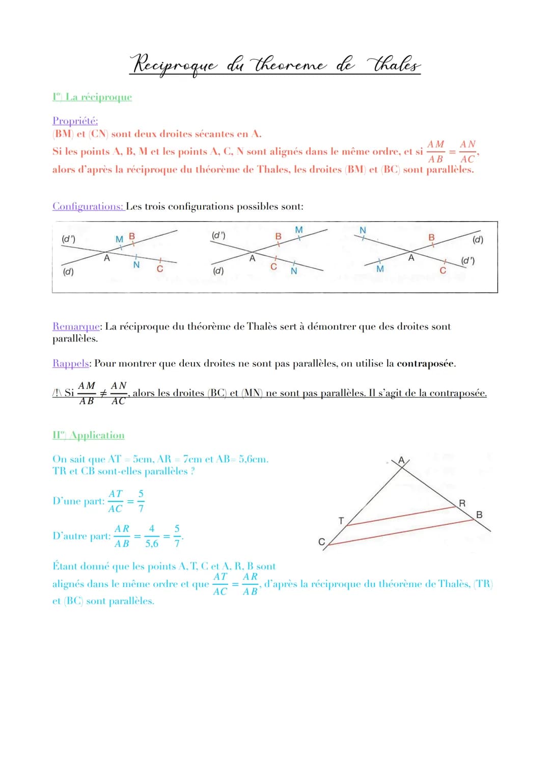 THA
S
## 1) Configuration « classique »
(d) (d')
(BM) et (CN) sont deux droites sécantes en A. Si les droites (BC) et
(NM) sont parallèles,