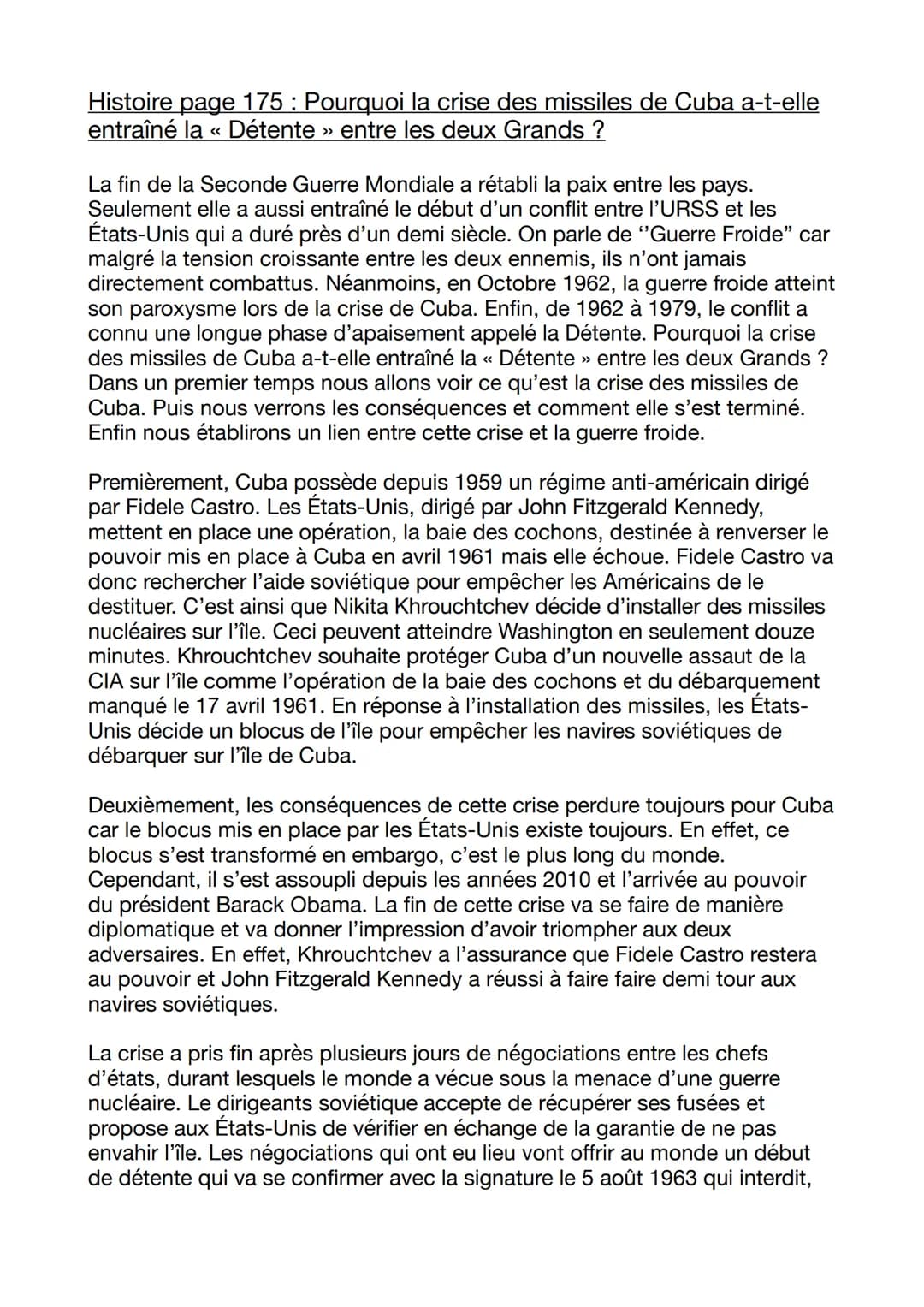 # Histoire page 175: Pourquoi la crise des missiles de Cuba a-t-elle entraîné la « Détente » entre les deux Grands ?
La fin de la Seconde G