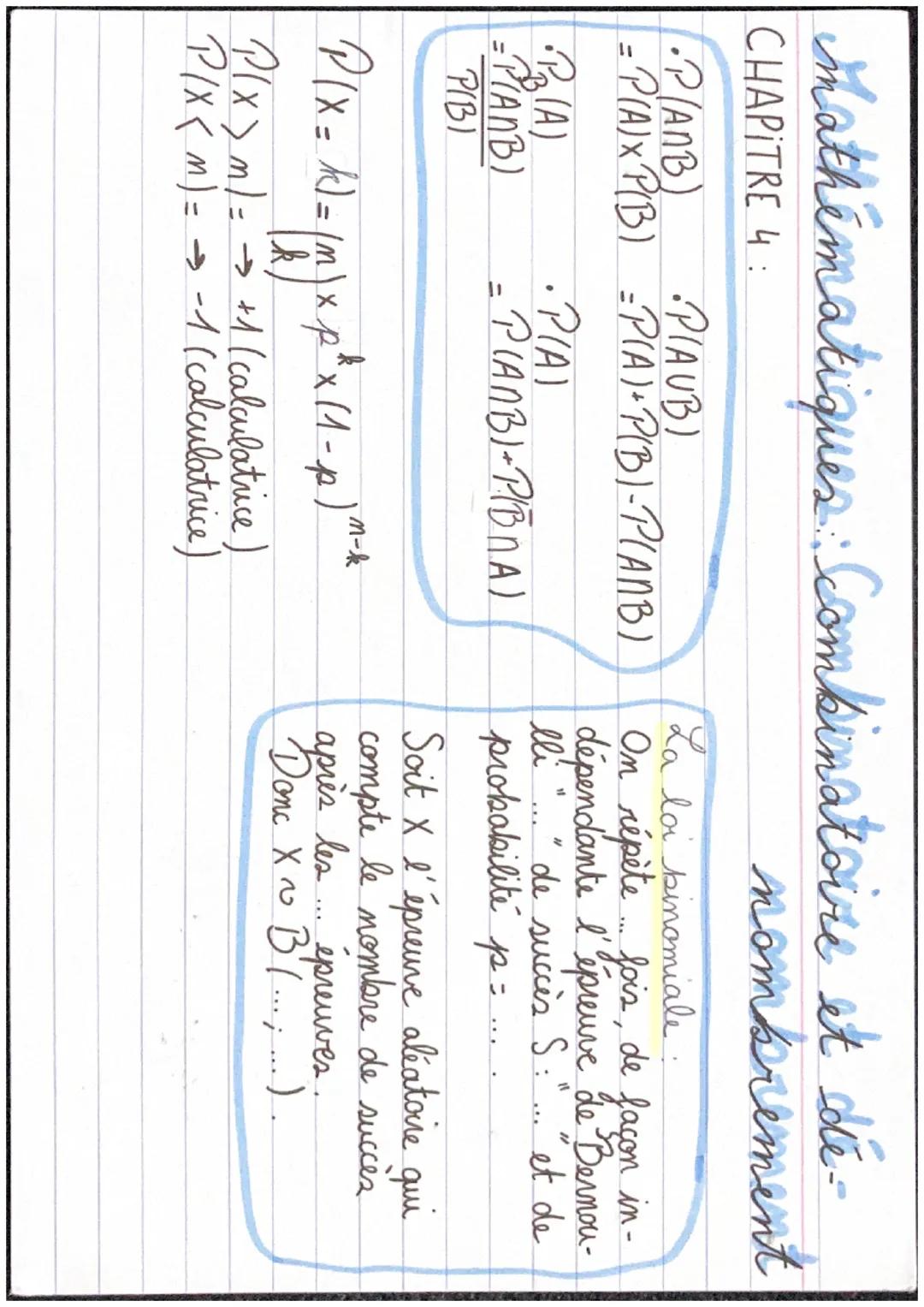mathématiques Combinatoire et dé-
CHAPITRE 4:
nombrement
•P(ANB)
= P(A)X P(B)
•P₁(A)
-P(ANB)
PIBI
.*
•PIAUB)
= P(A) + P(B)- P(ANB)
•P(A)
=P(
