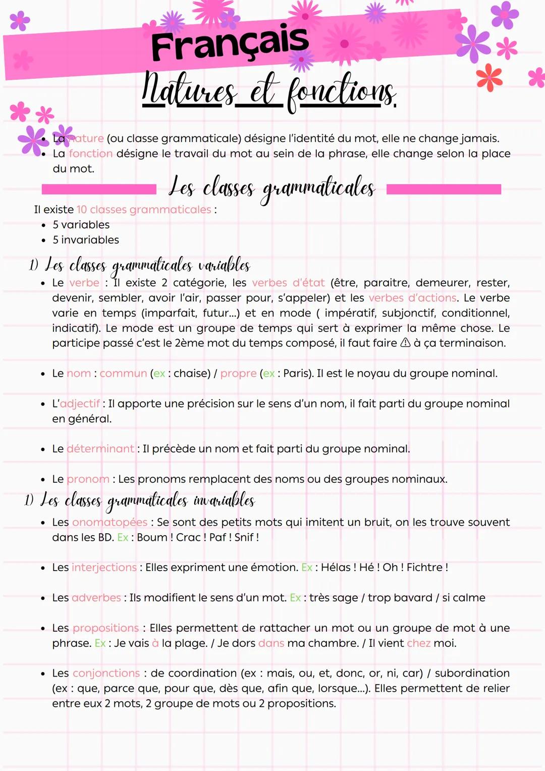 Français
Natures et fonctions.
La nature (ou classe grammaticale) désigne l'identité du mot, elle ne change jamais.
La fonction désigne le t