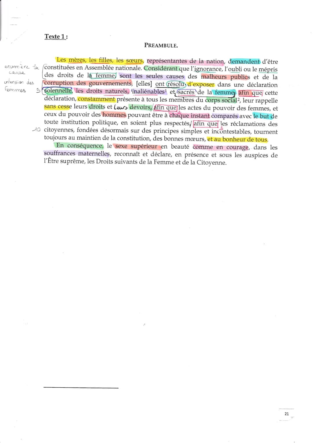 Texte 1:
PREAMBULE.
Les mères, les filles, les sœurs, représentantes de la nation, demandent d'être
enurmère la constituées en Assemblée n