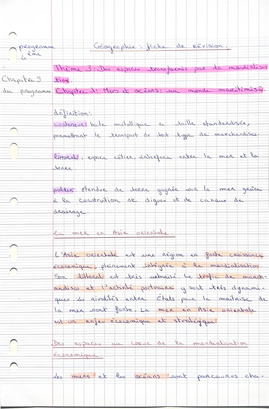 programme
4ème
Géographie : Fiche de révision.
Thème 3: Des espaces transformés par la mondialisation.
Chapitre 5
du programme Chapitre 1: M
