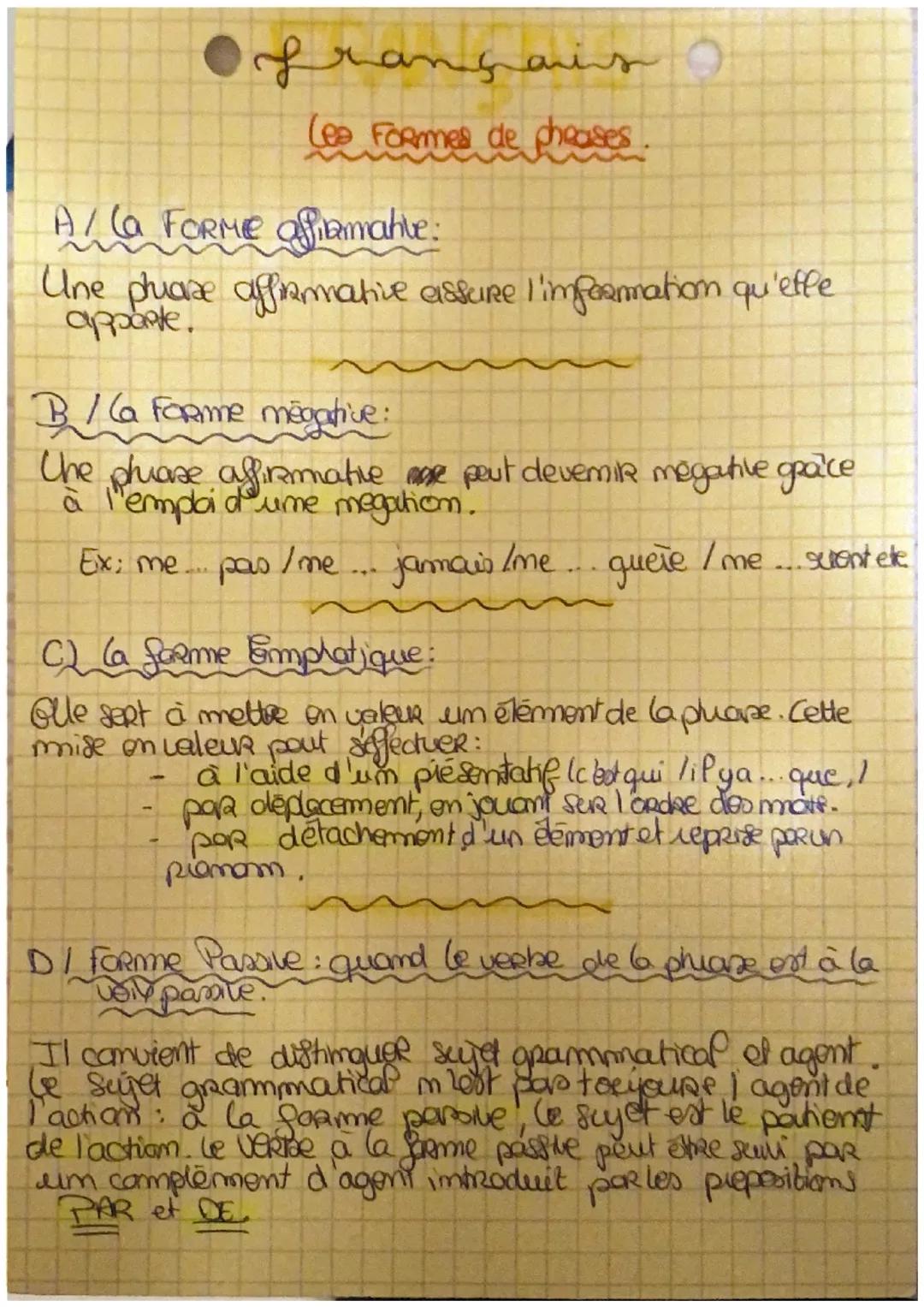Ofrançais (
Les formes de phrases
A/ (a FoRMe affirmative:
Une pluase affirmative assure l'imfernmation qu'elle
apparte.
B / la forme megati