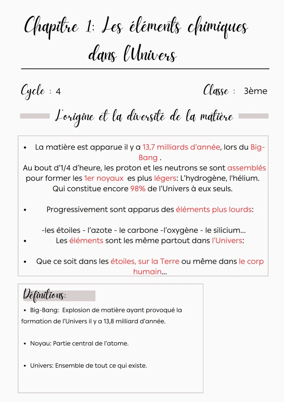 # Chapitre 1: Les éléments chimiques
## dans l'Univers
Cycle : 4 Classe : 3ème
### La structure d'un atome
* Un atome est constitué d'un