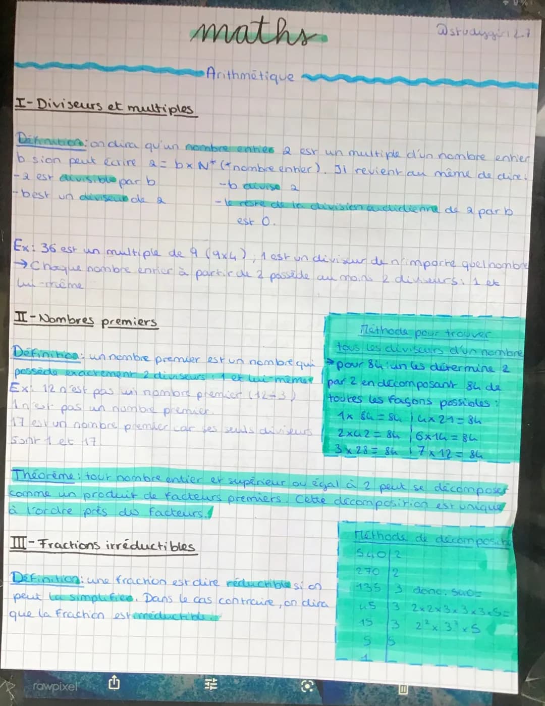 # maths
@studygirl27
## Arithmétique
### I- Diviseurs et multiples
Définition: on dira qu'un nombre entier $a$ est un multiple d'un nombre