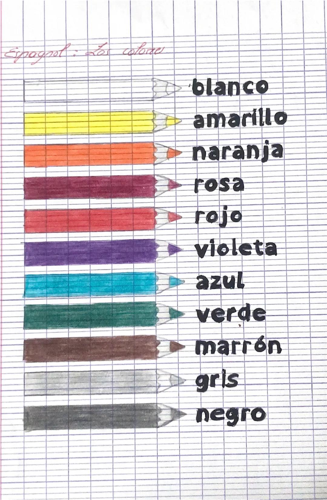 Espagnol: Lo colore
blanco
+ amarillo
naranja
rosa
rojo
violeta
azul
verde
marrón
gris
negro