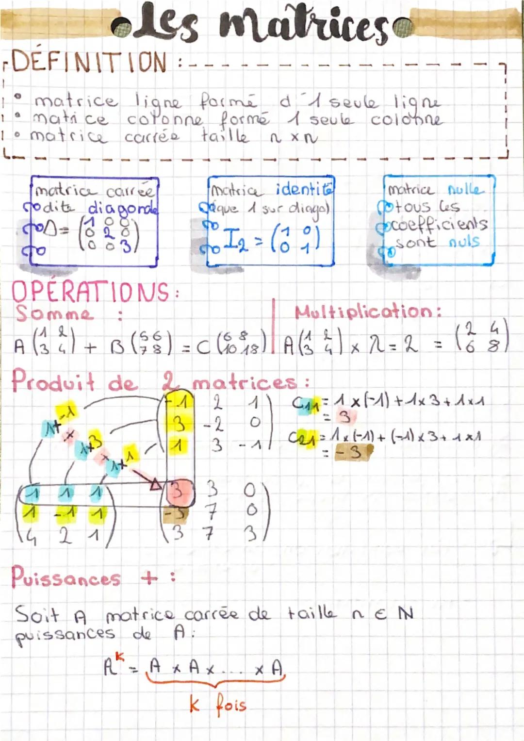 Les matrices
DEFINITION
1° matrice ligne formé d I seule ligne
colonne forme I seule colotine
9
mati ce
1。
L
matrice carrée taille
matrice c