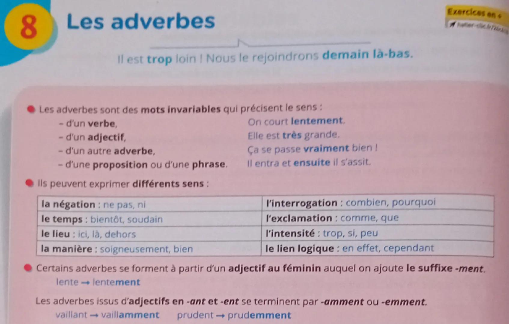 # 8 Les adverbes
Il est trop loin ! Nous le rejoindrons demain là-bas.
- Les adverbes sont des mots invariables qui précisent le sens :